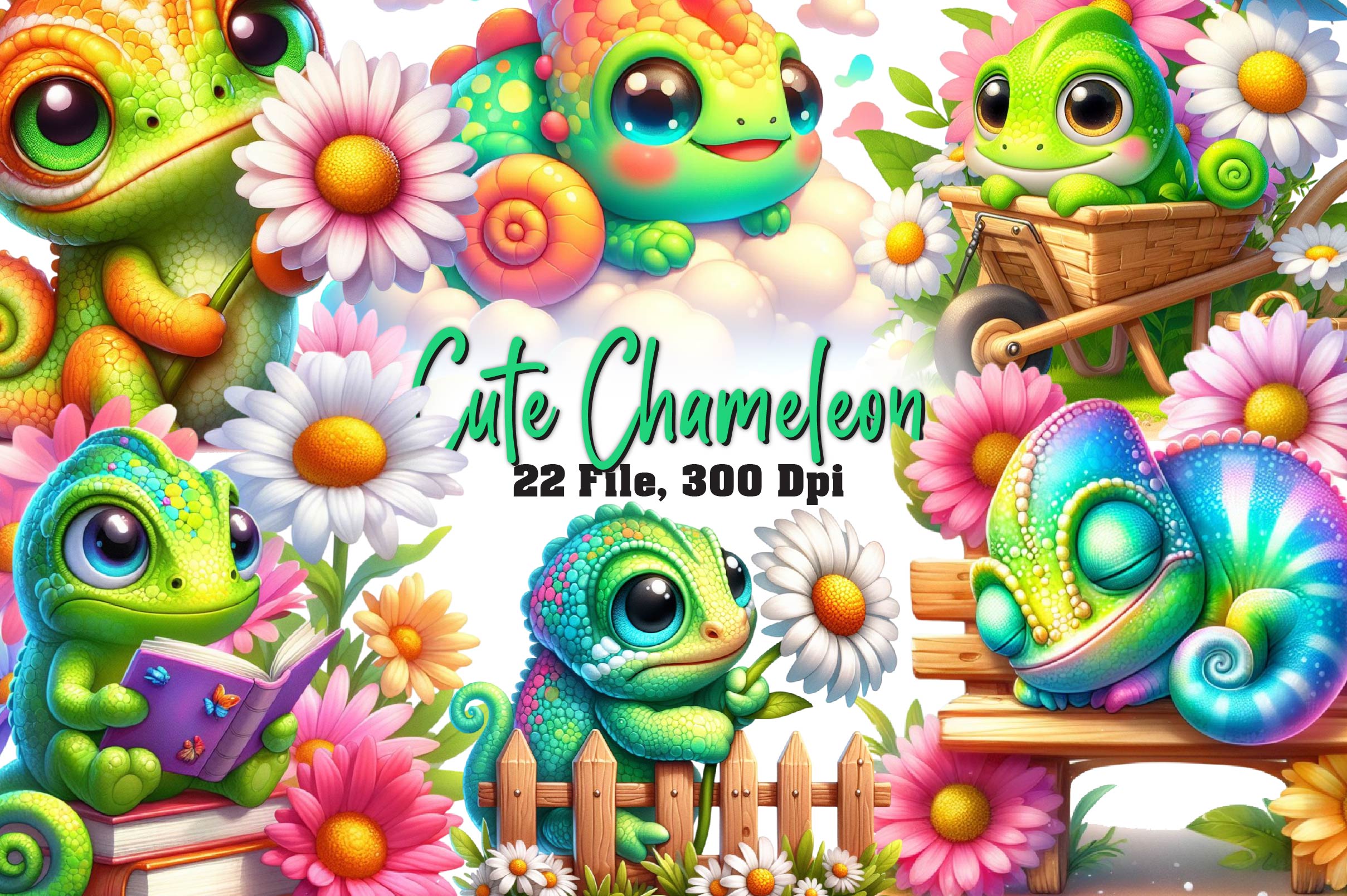 Cute Chameleon Clipart Bundle