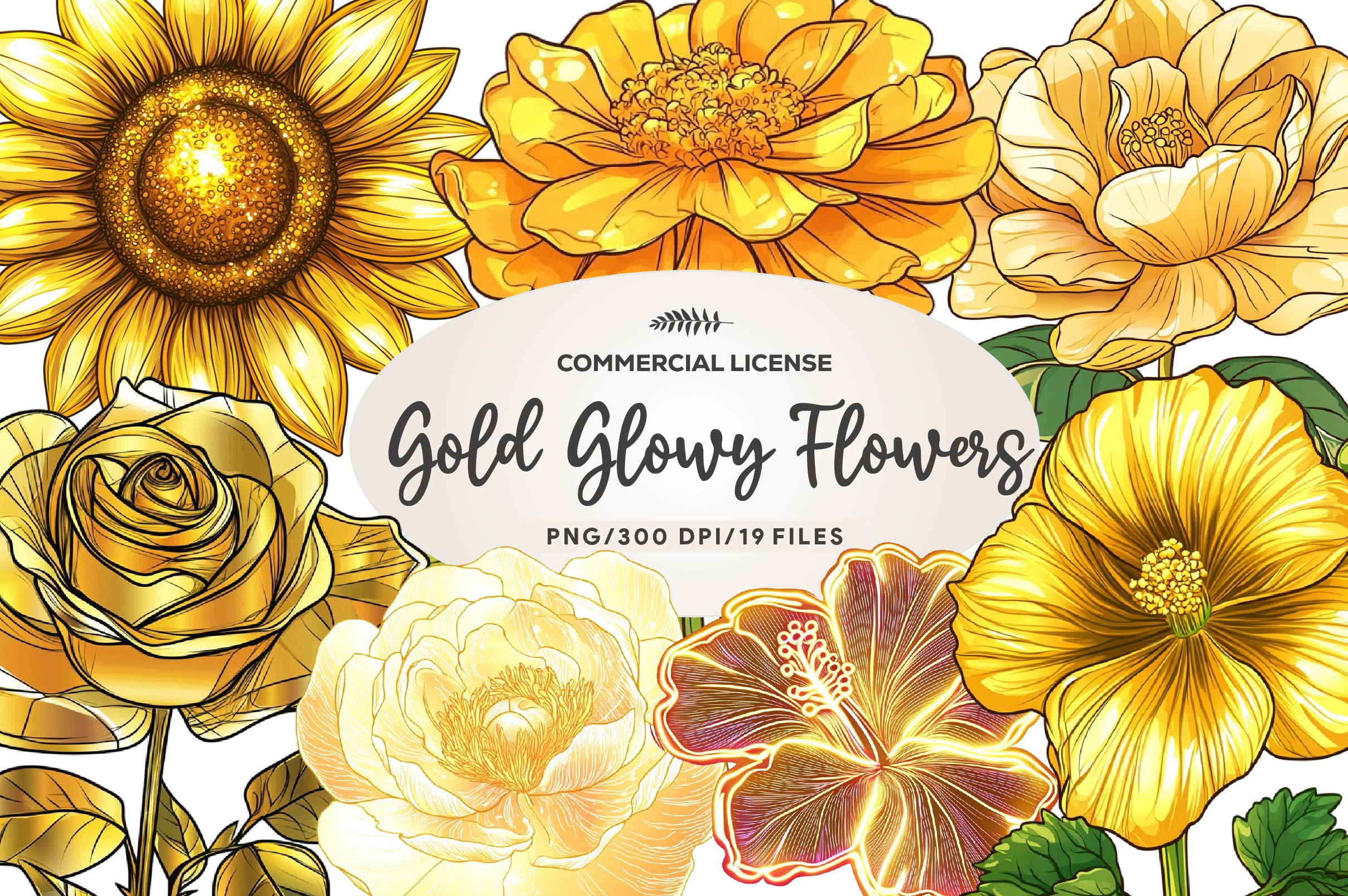 Gold Glowy Flowers Flower Clipart Bundle