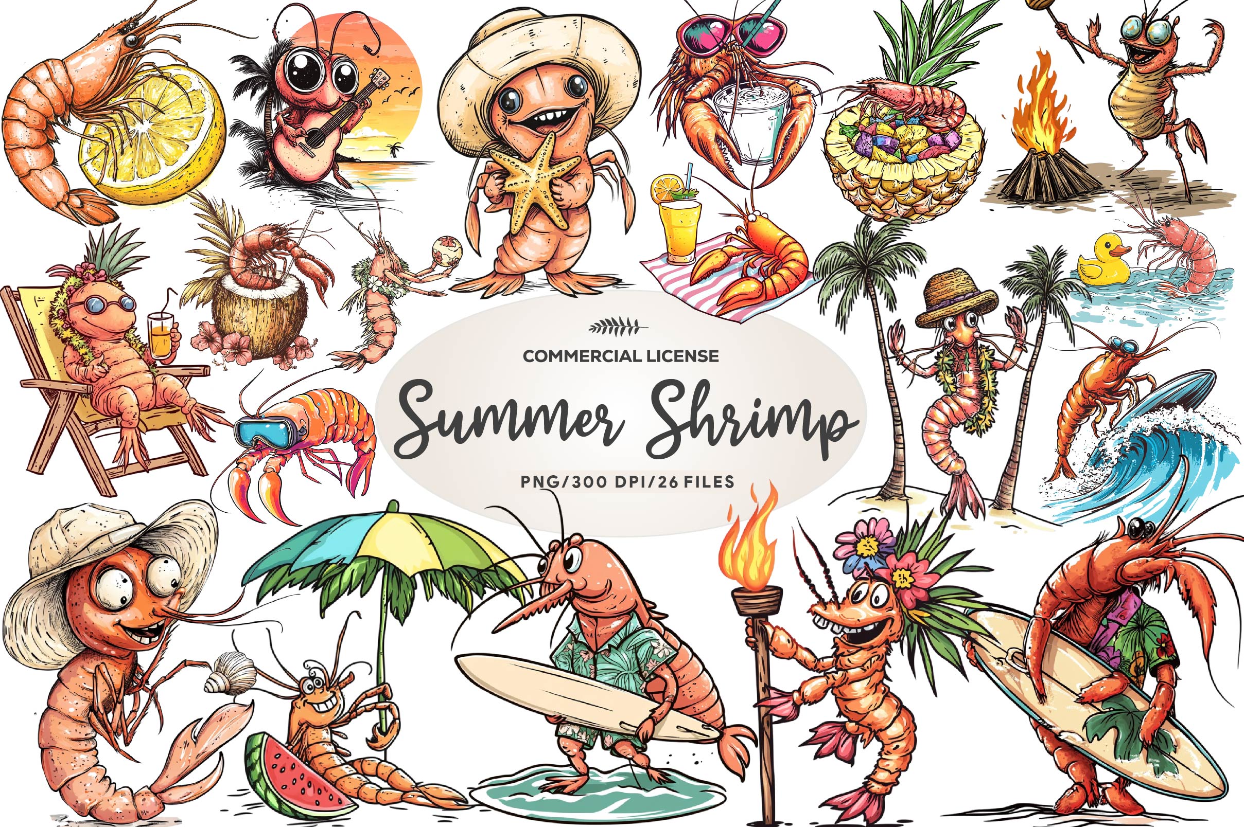 Cute Summer Shrimp Clipart Bundle