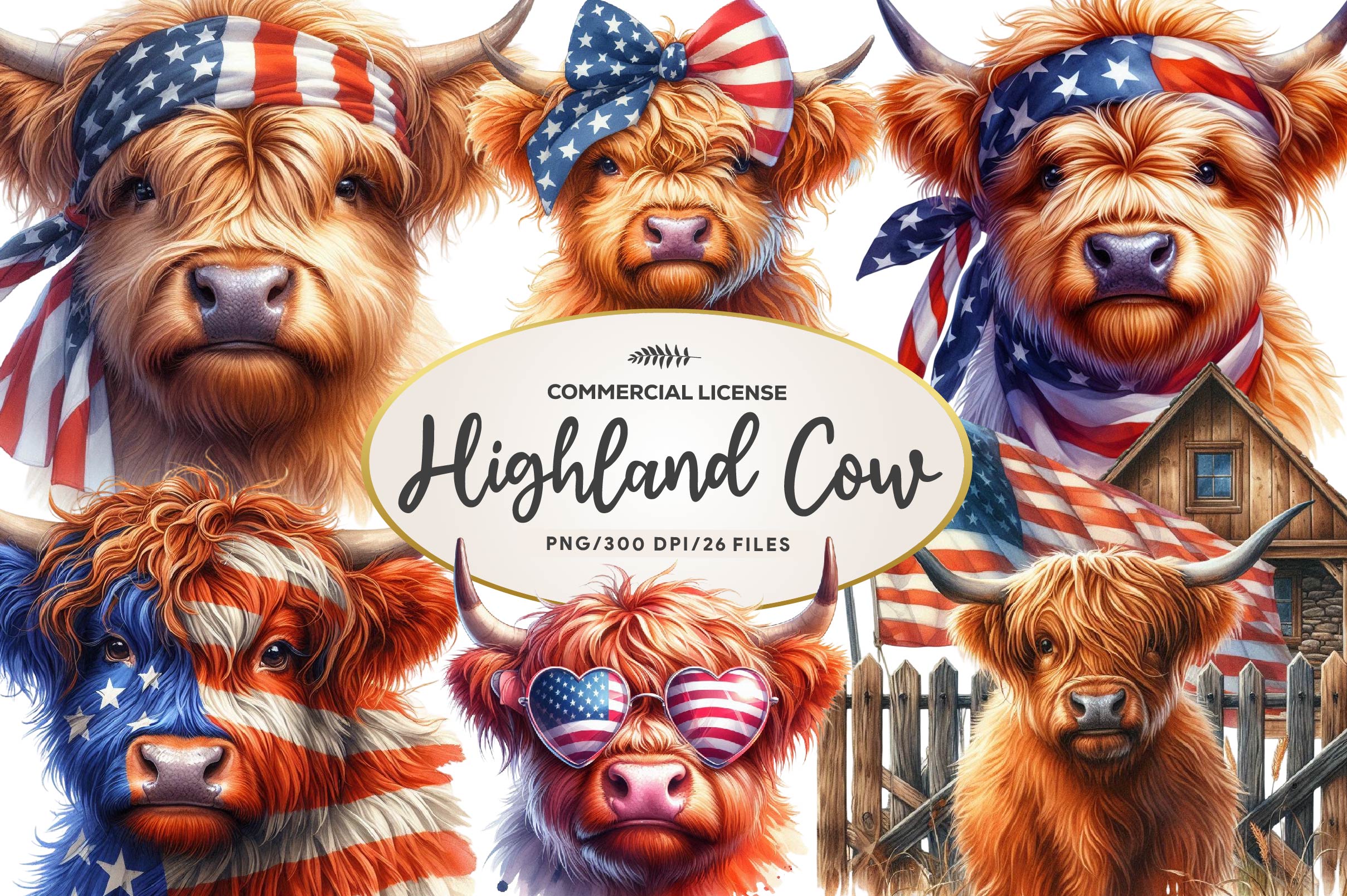 Patriotic Highland Cow Clipart Bundle