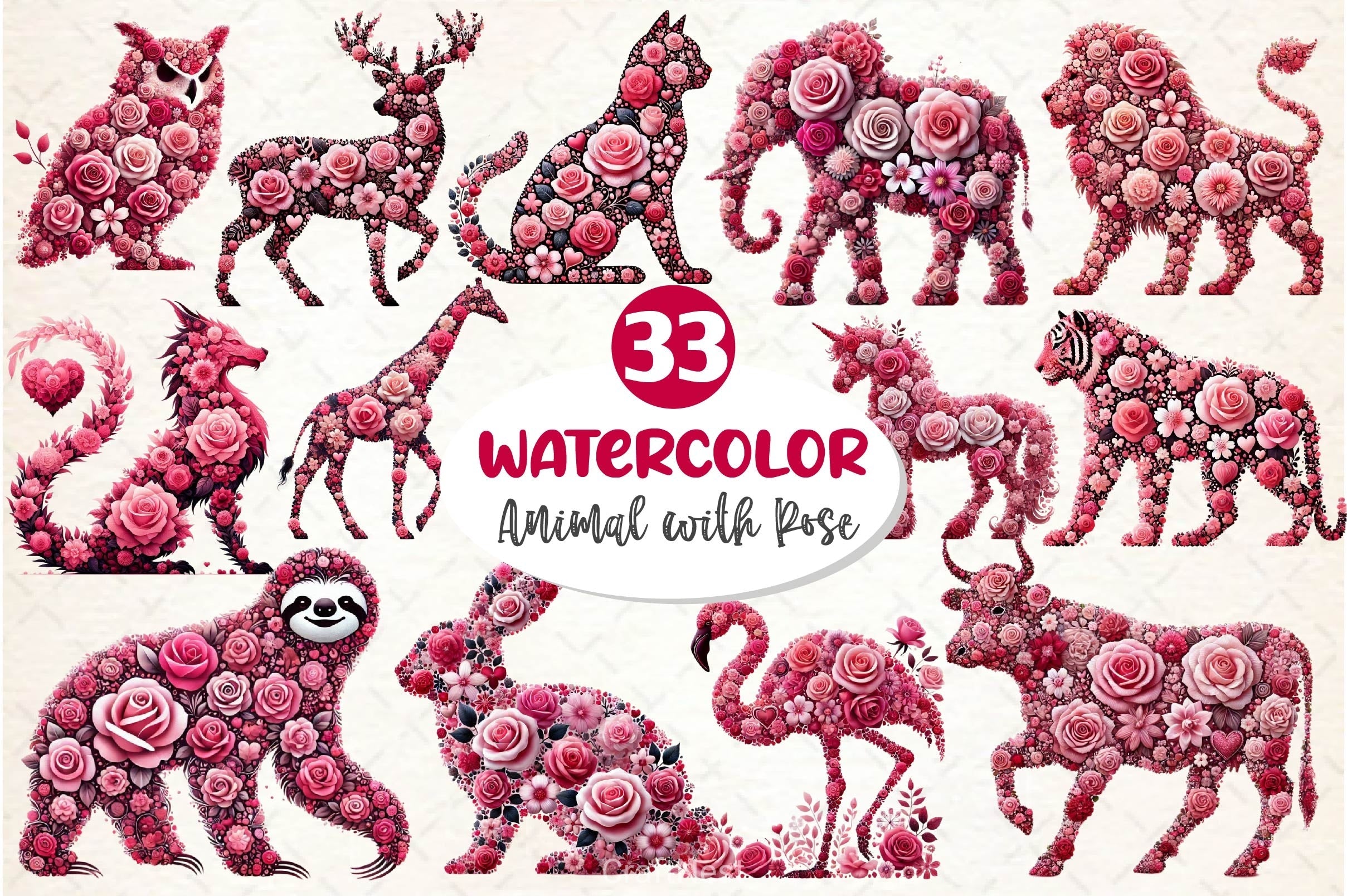 Valentines Day Animal With Rose Clipart Bundle