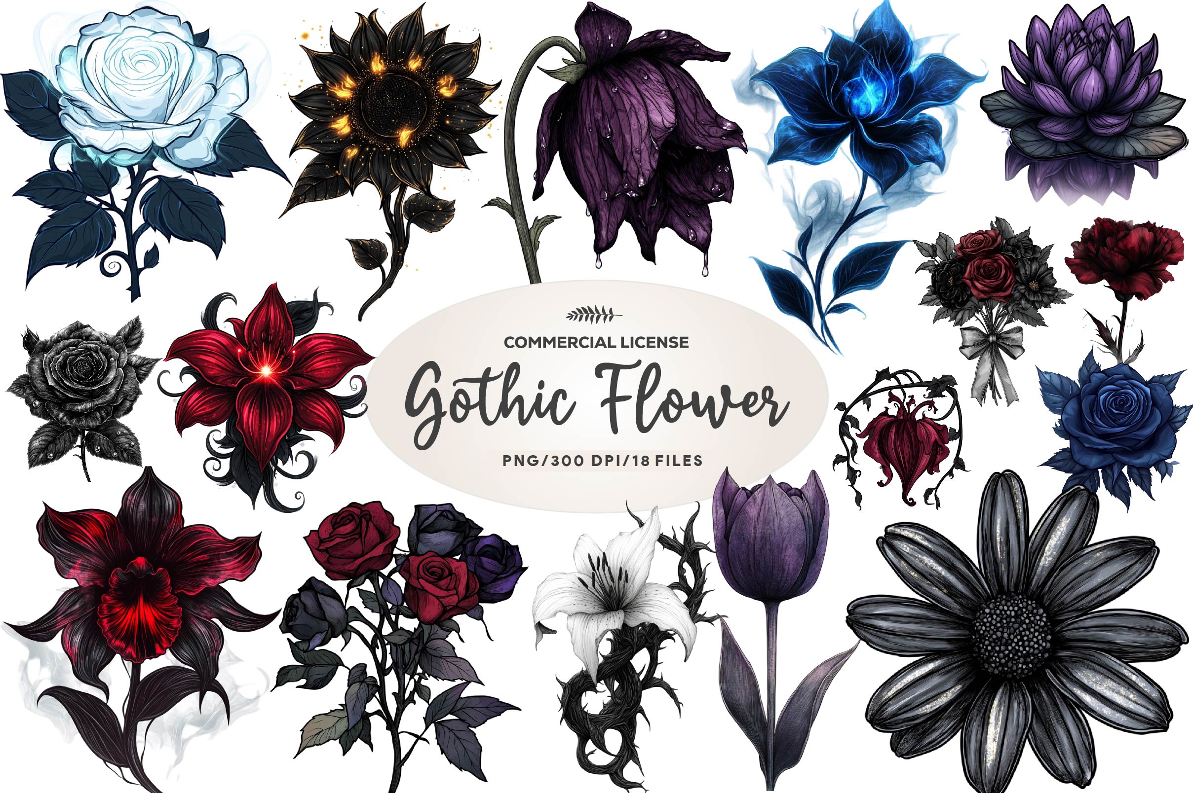 Dark Moody Gothic Flower Clipart Bundle 1