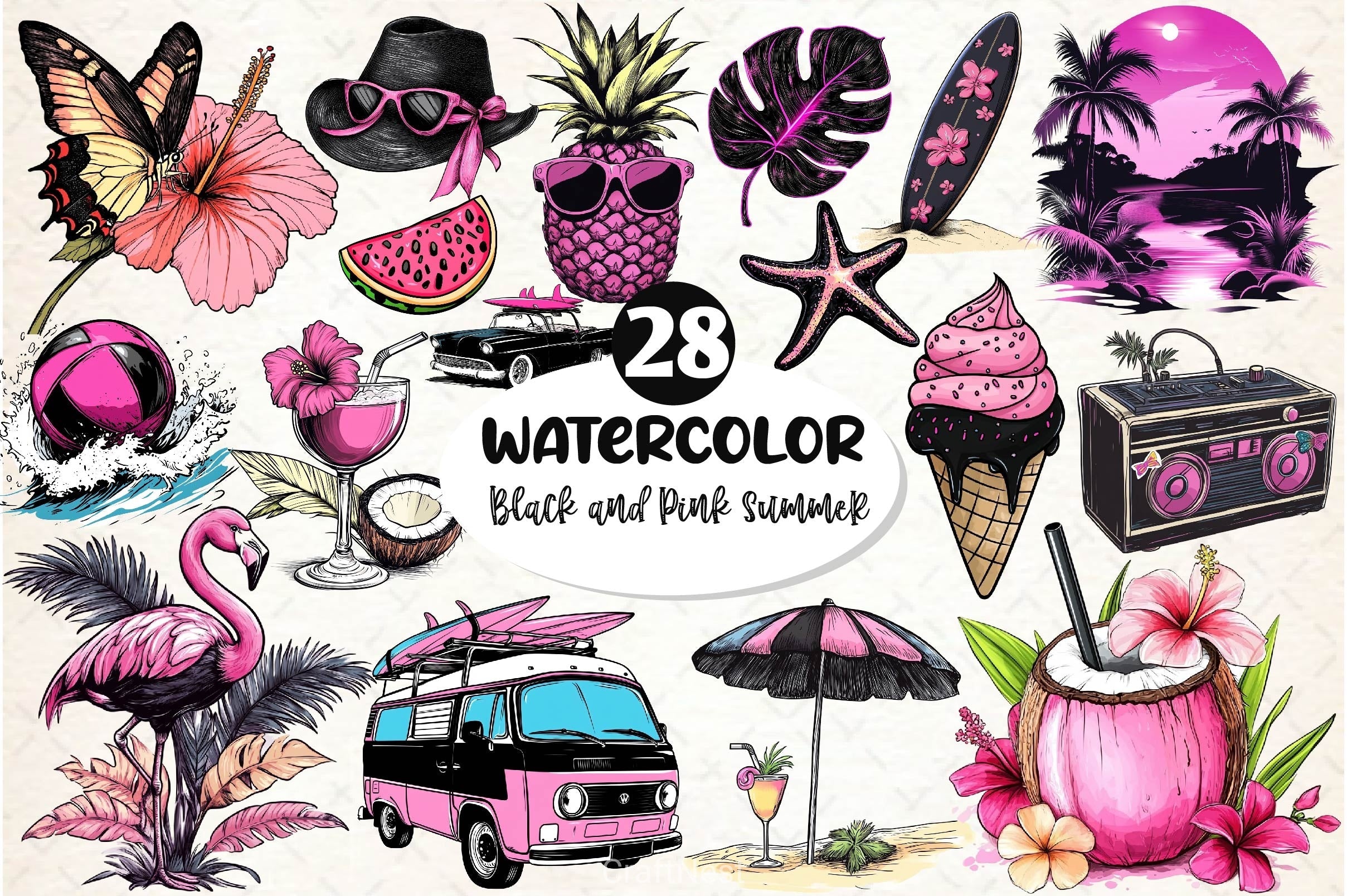Black And Pink Summer Clipart Bundle 5