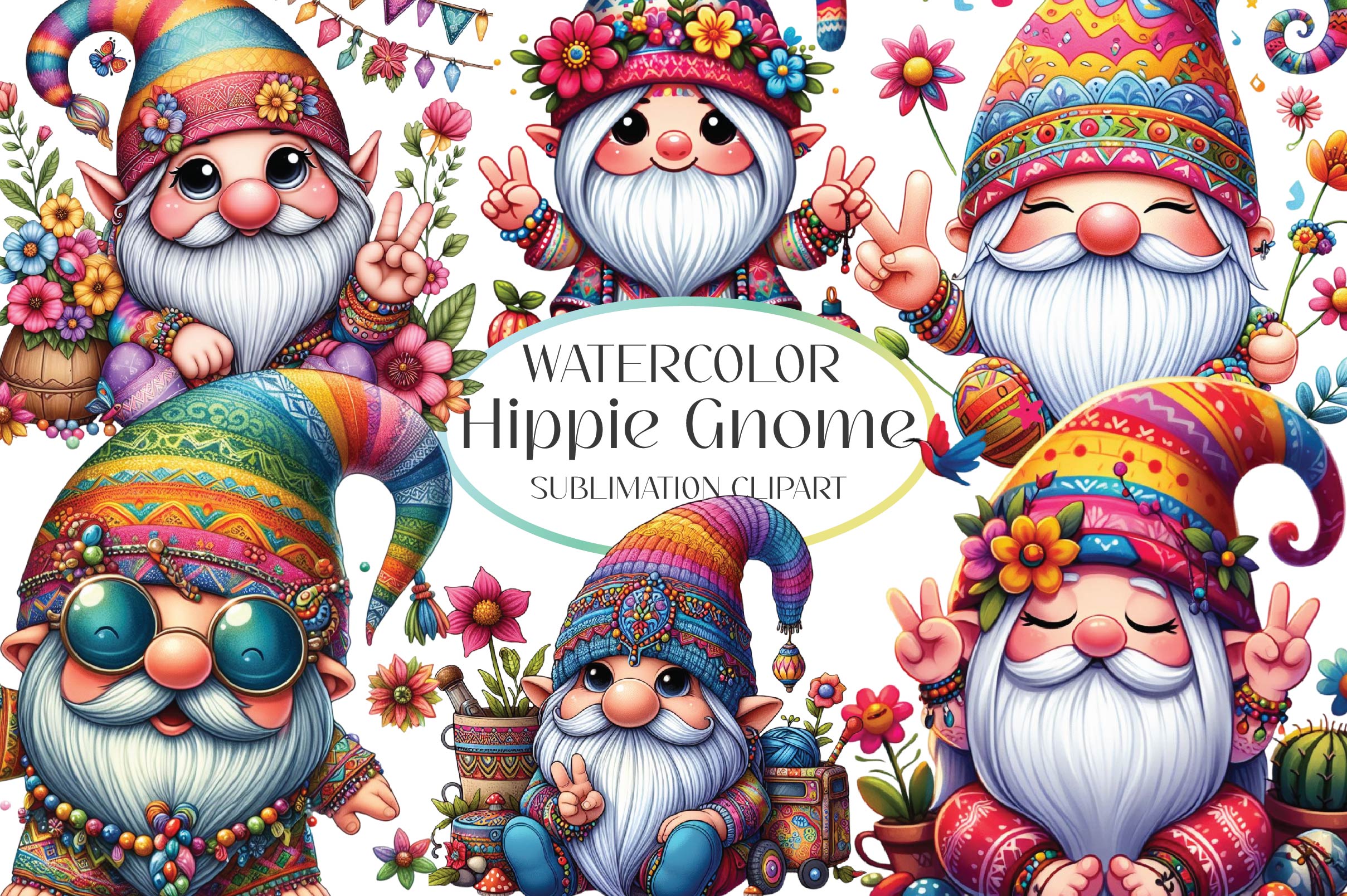 Cute Hippie Gnome Clipart Bundle