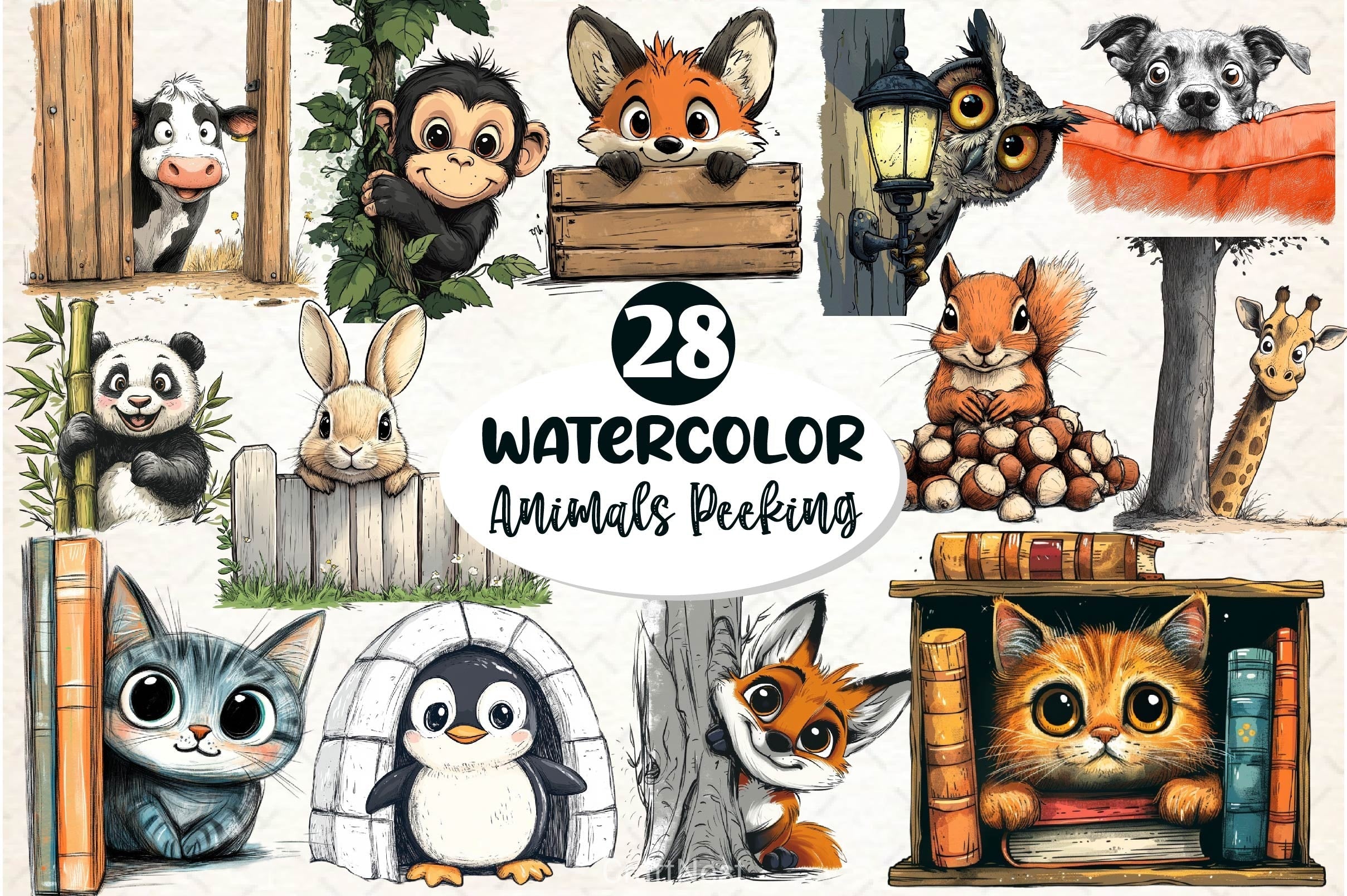 Quirky Animals Peeking Around Corner Clipart Bundle 2