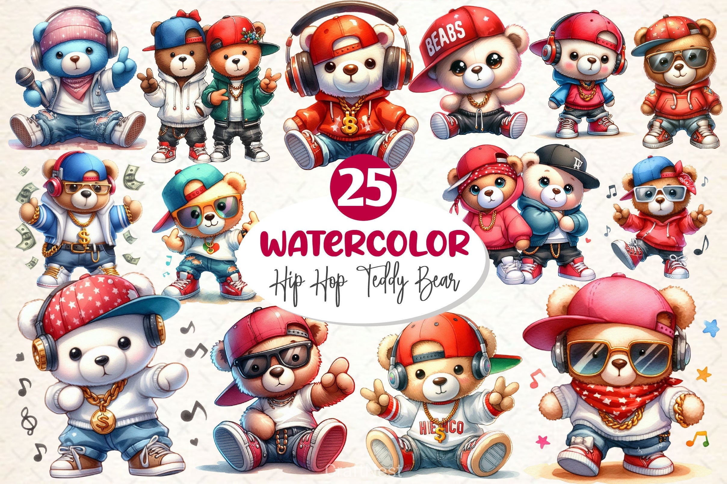 Hip Hop Teddy Bear Couple Clipart Bundle