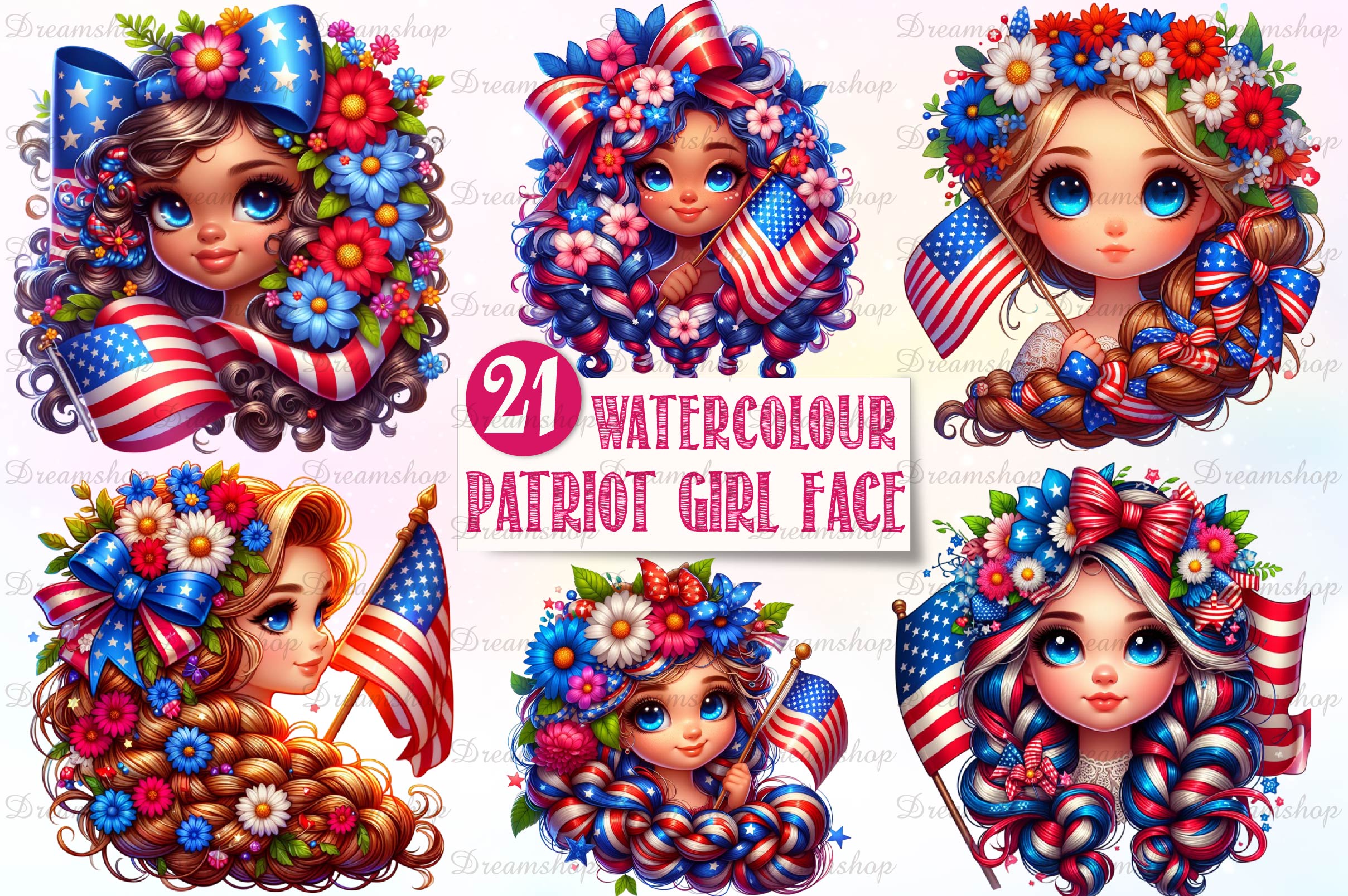 Patriot Girl Face Clipart Bundle