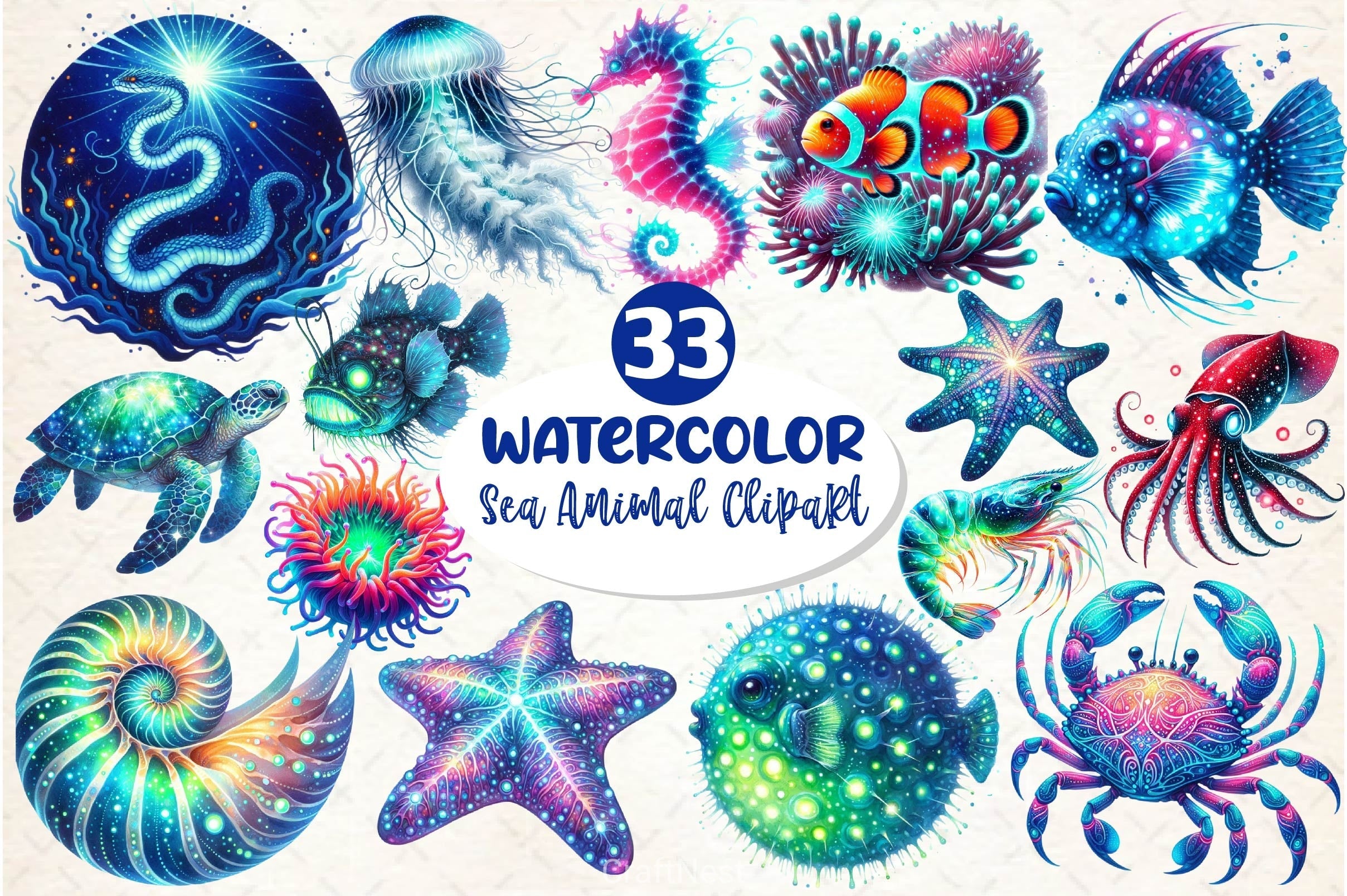 Bioluminescent Sea Animal Clipart Bundle 2