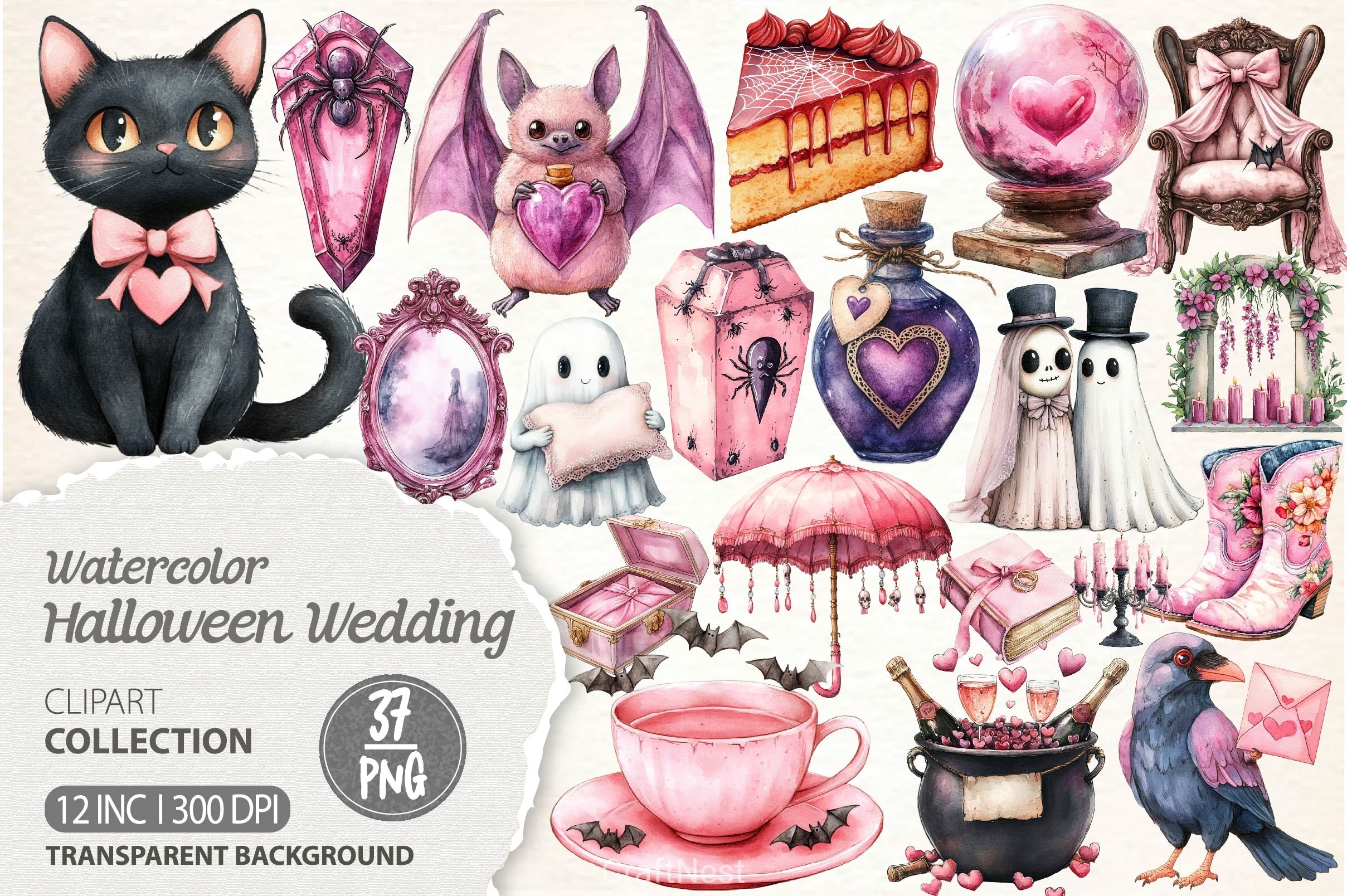 Pink Halloween Witch Wedding Clipart Bundle
