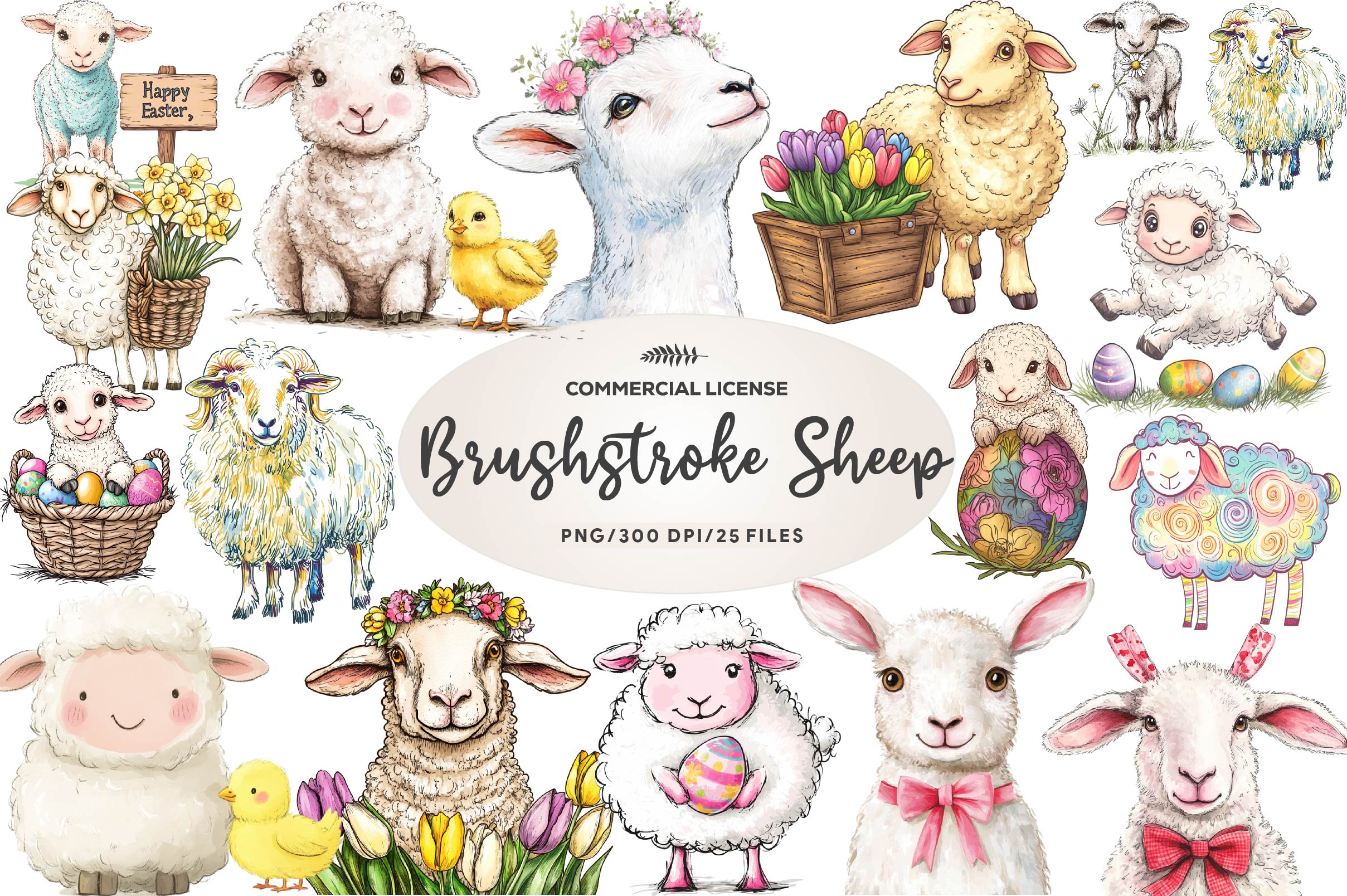 Brushstroke Sheep Easter Clipart Bundle