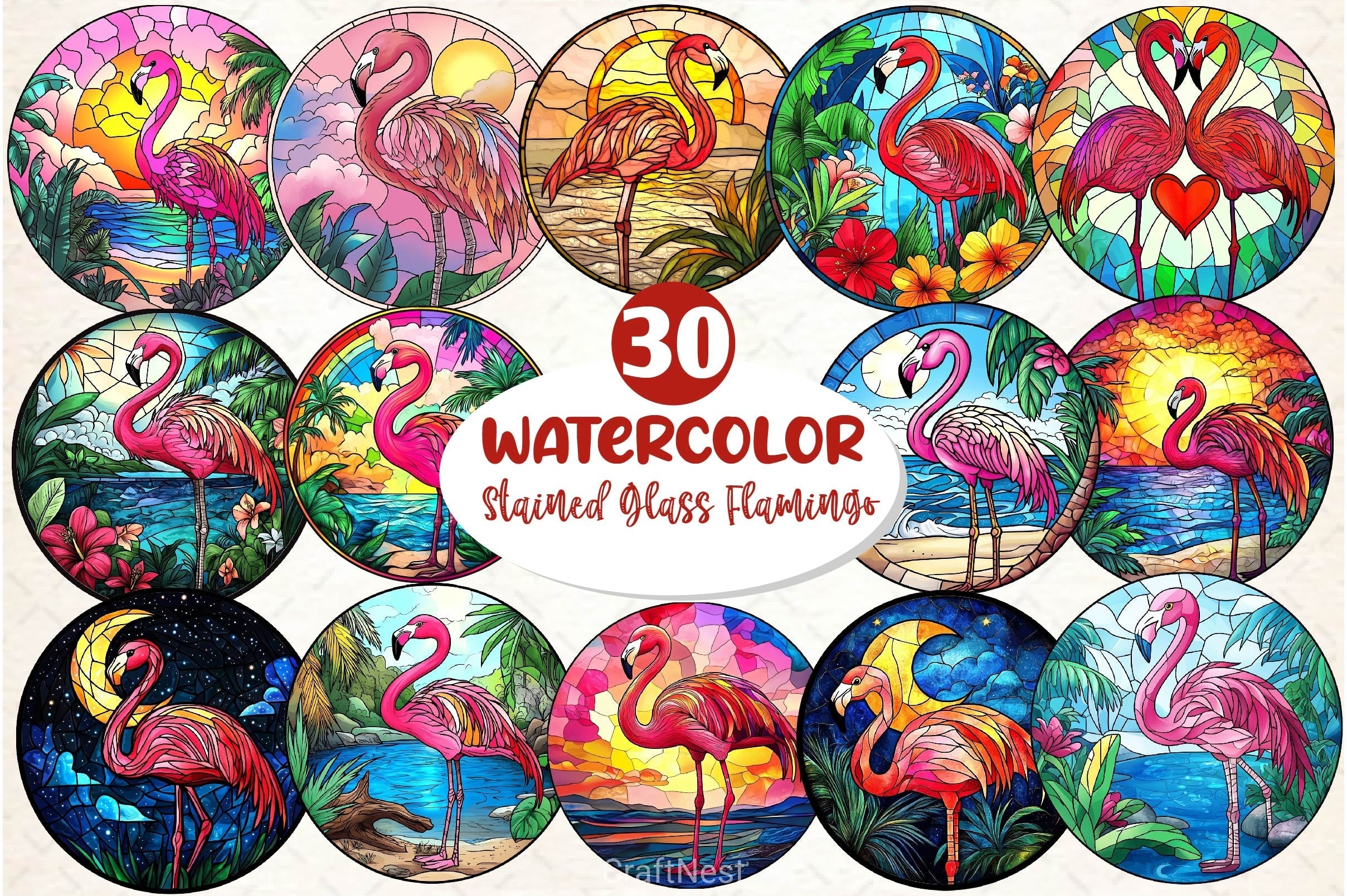 Round Stained Glass Flamingo Clipart Bundle 2