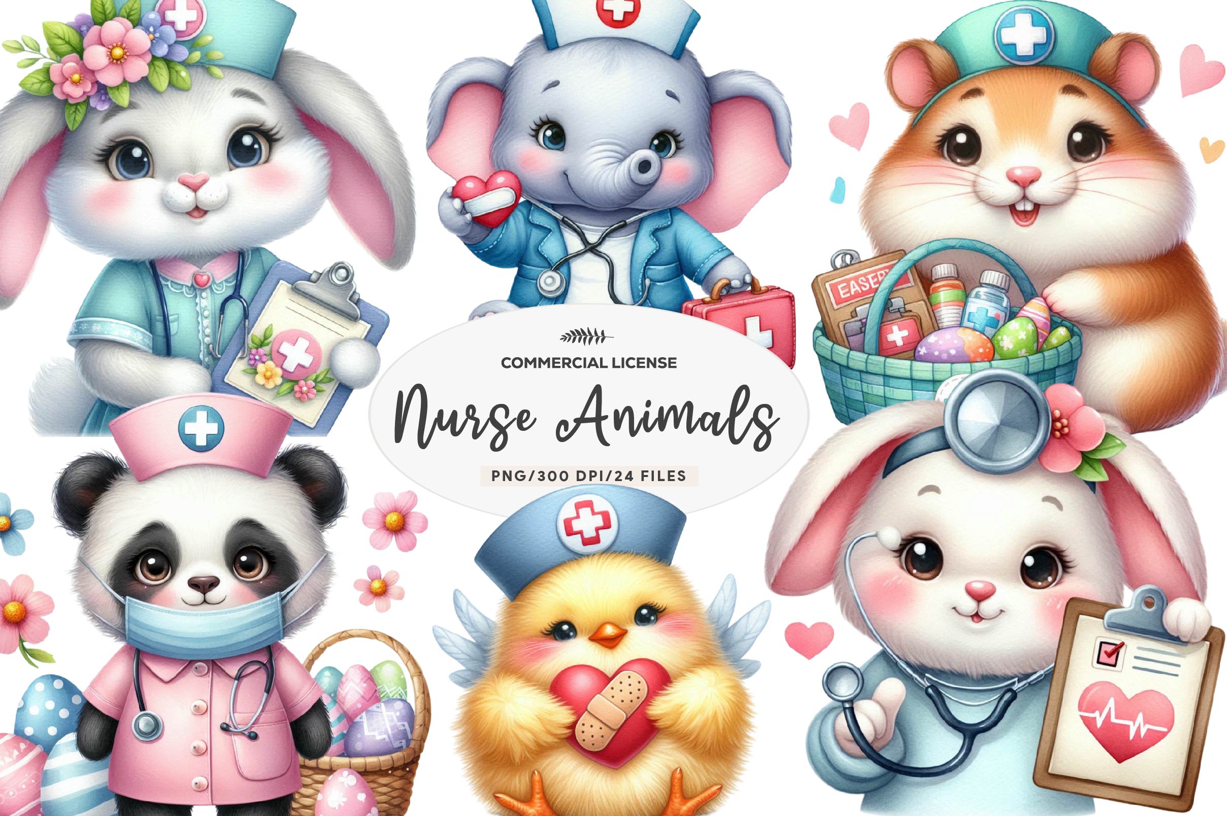 Cute Easter Nurse Animals Clipart Bundle