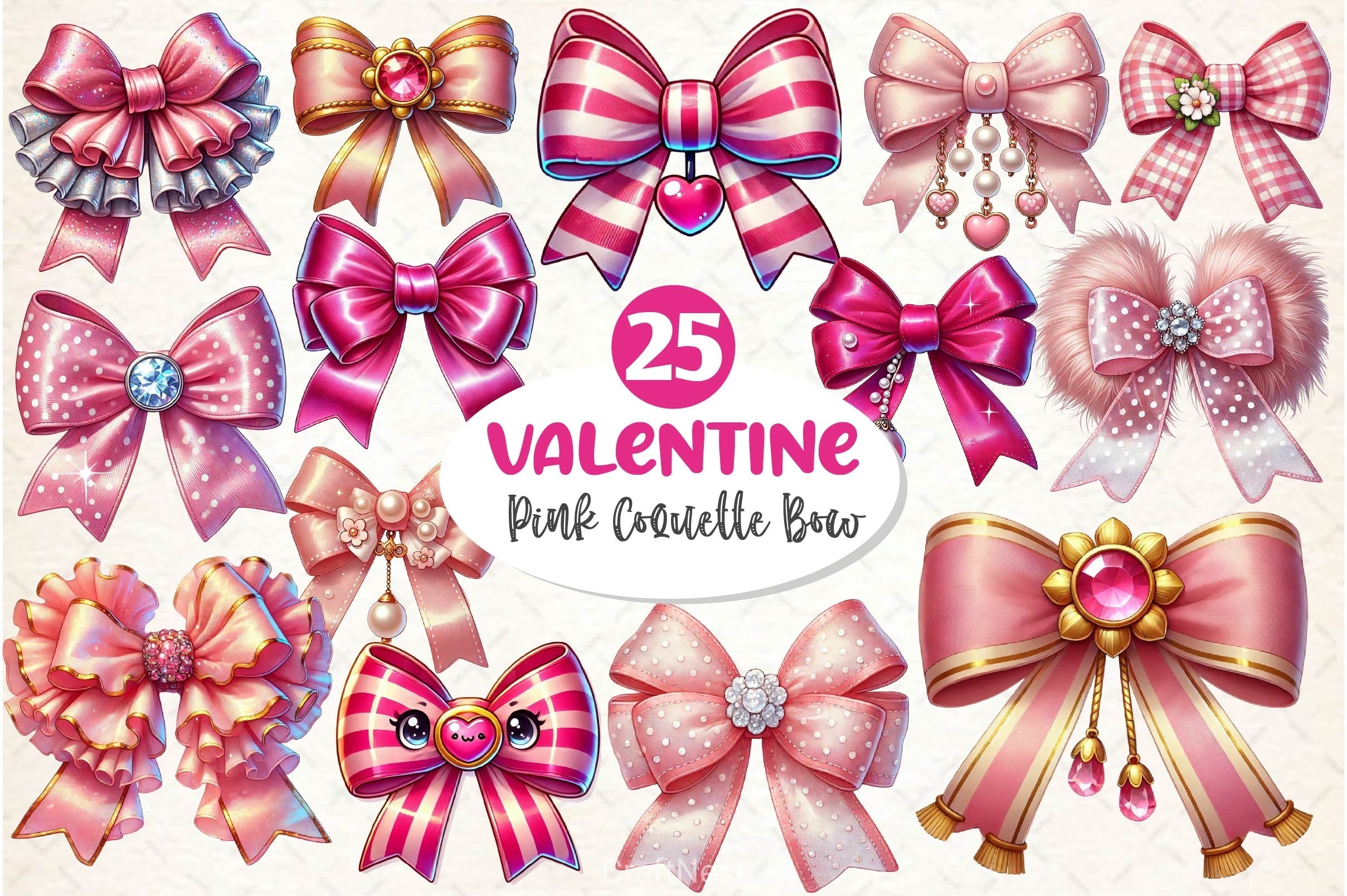 Pink Coquette Valentine Bow Clipart Bundle 2