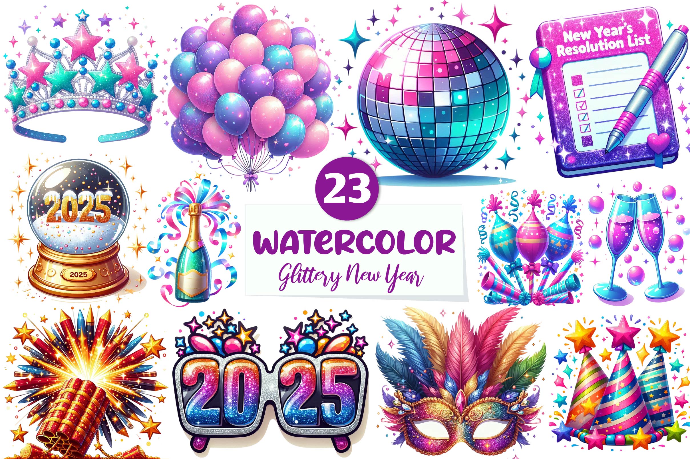 Glittery New Year Clipart Bundle