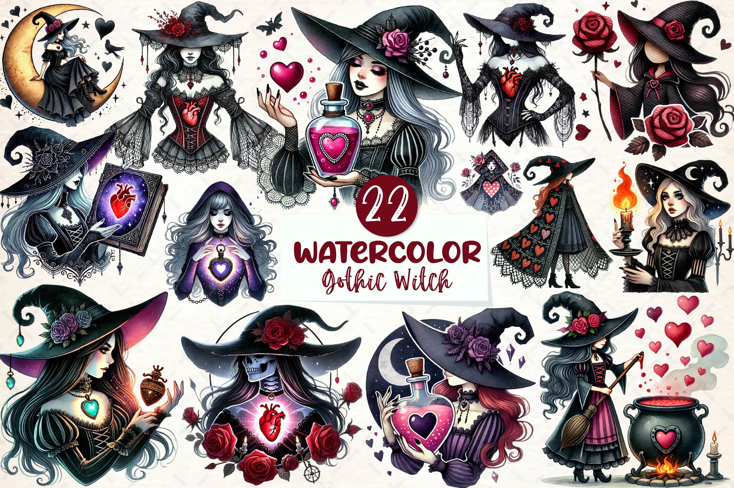Valentine Gothic Witch Clipart Bundle