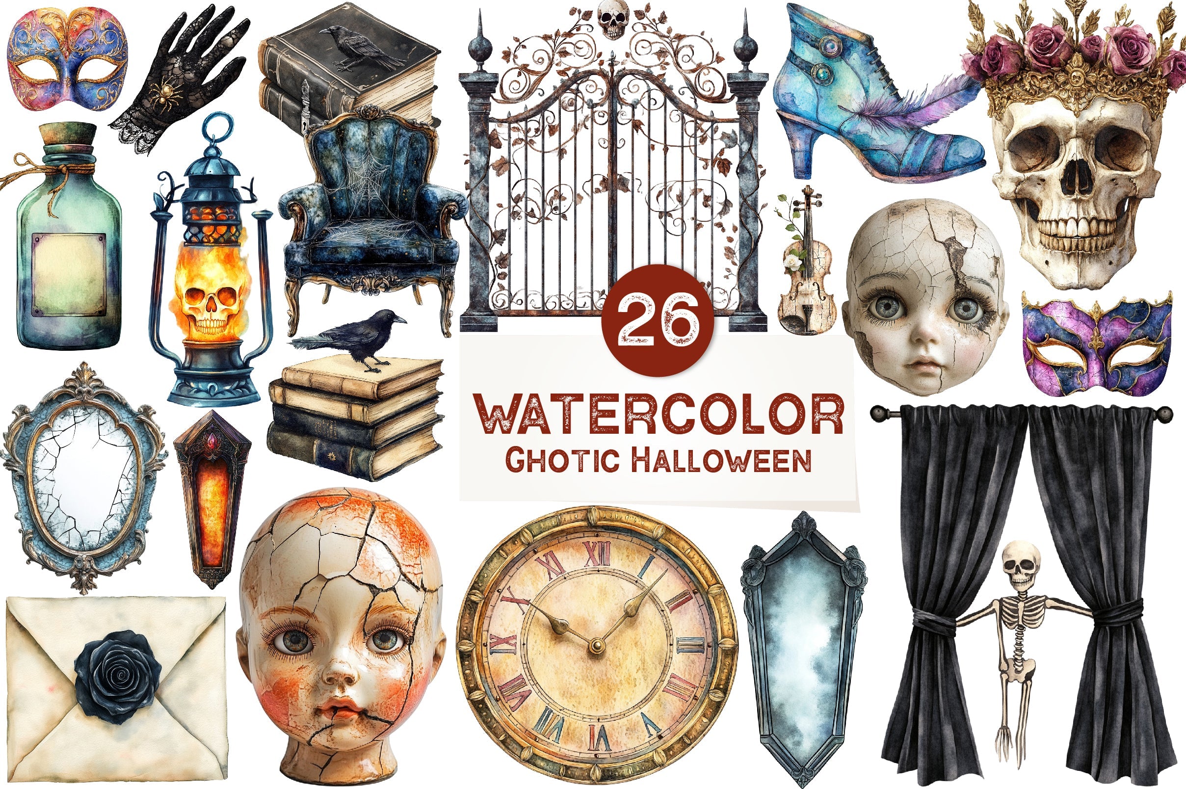 Antique Gothic Halloween Set Clipart Bundle