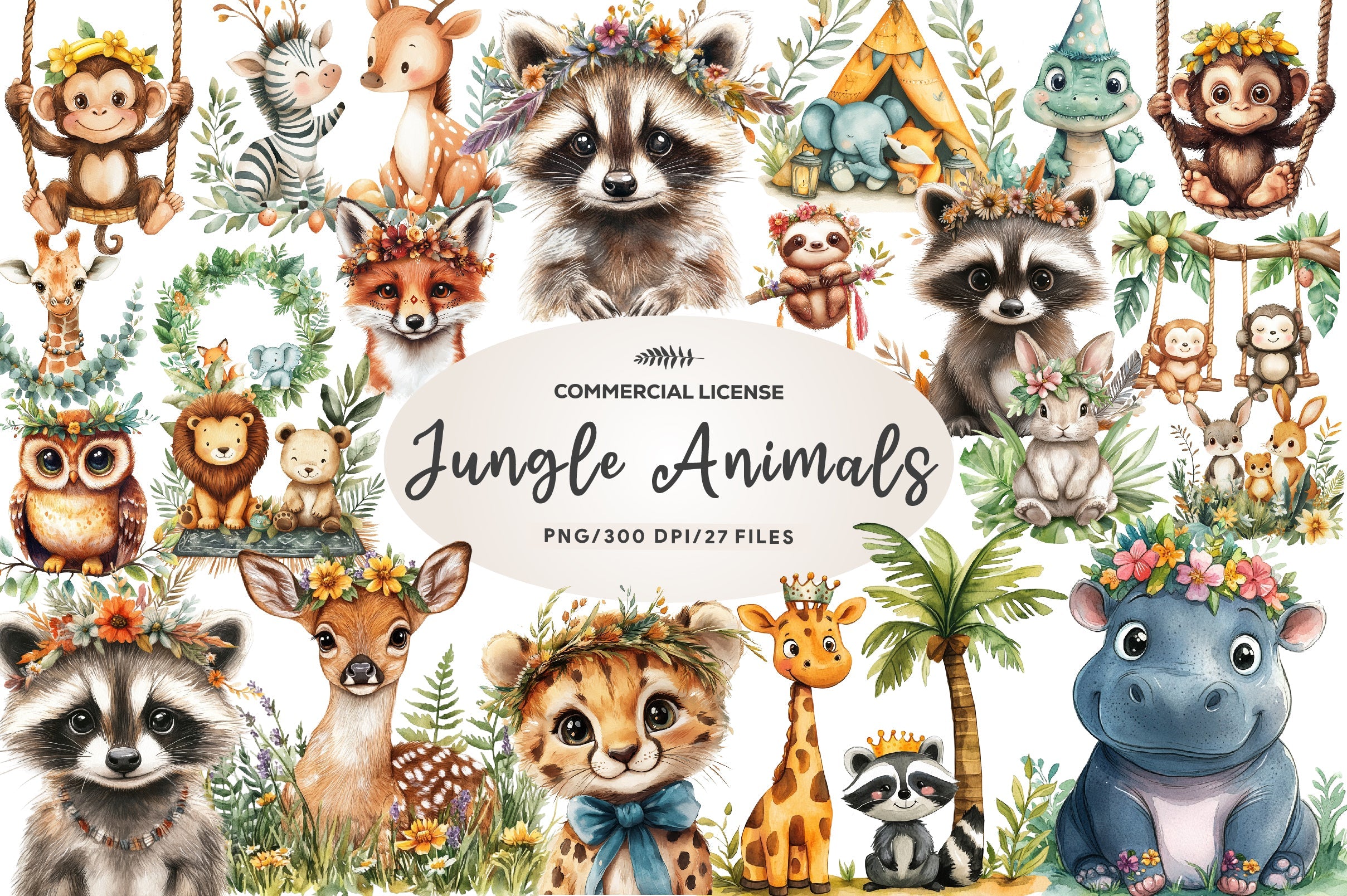 Cute Boho Woodland And Jungle Animals Clipart Bundle