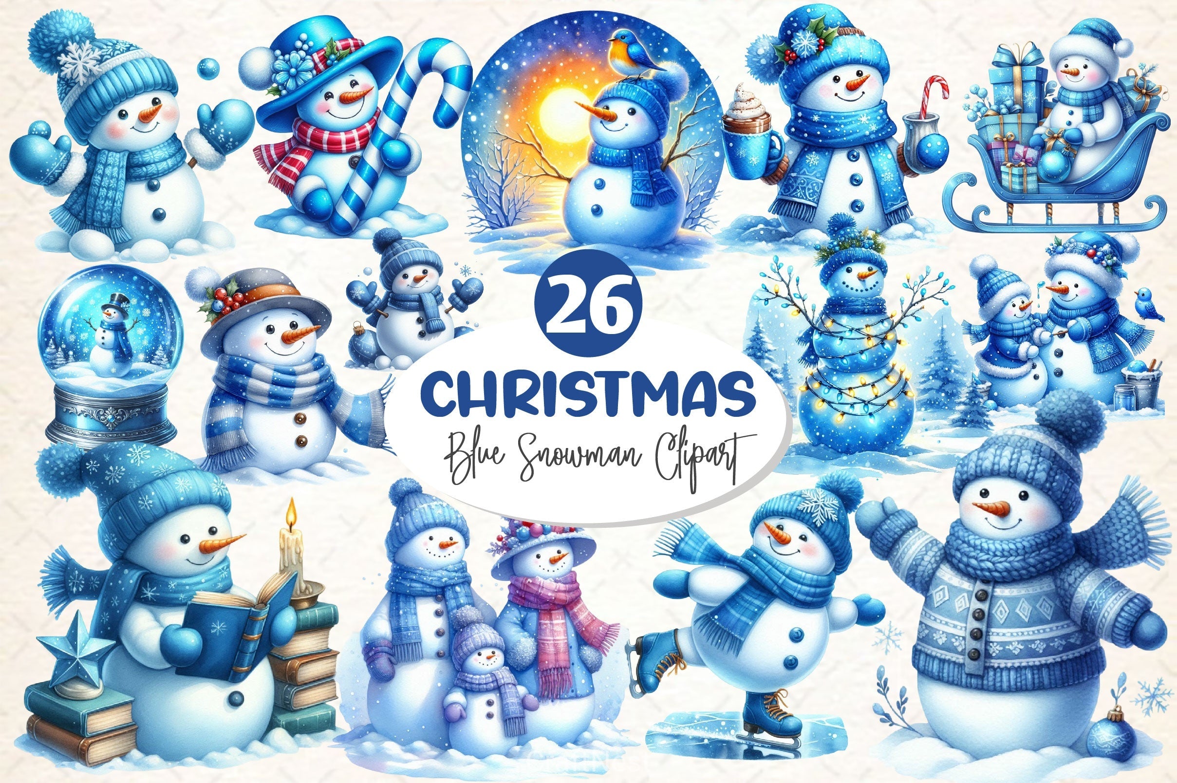 Blue Christmas Snowman Clipart Bundle 2