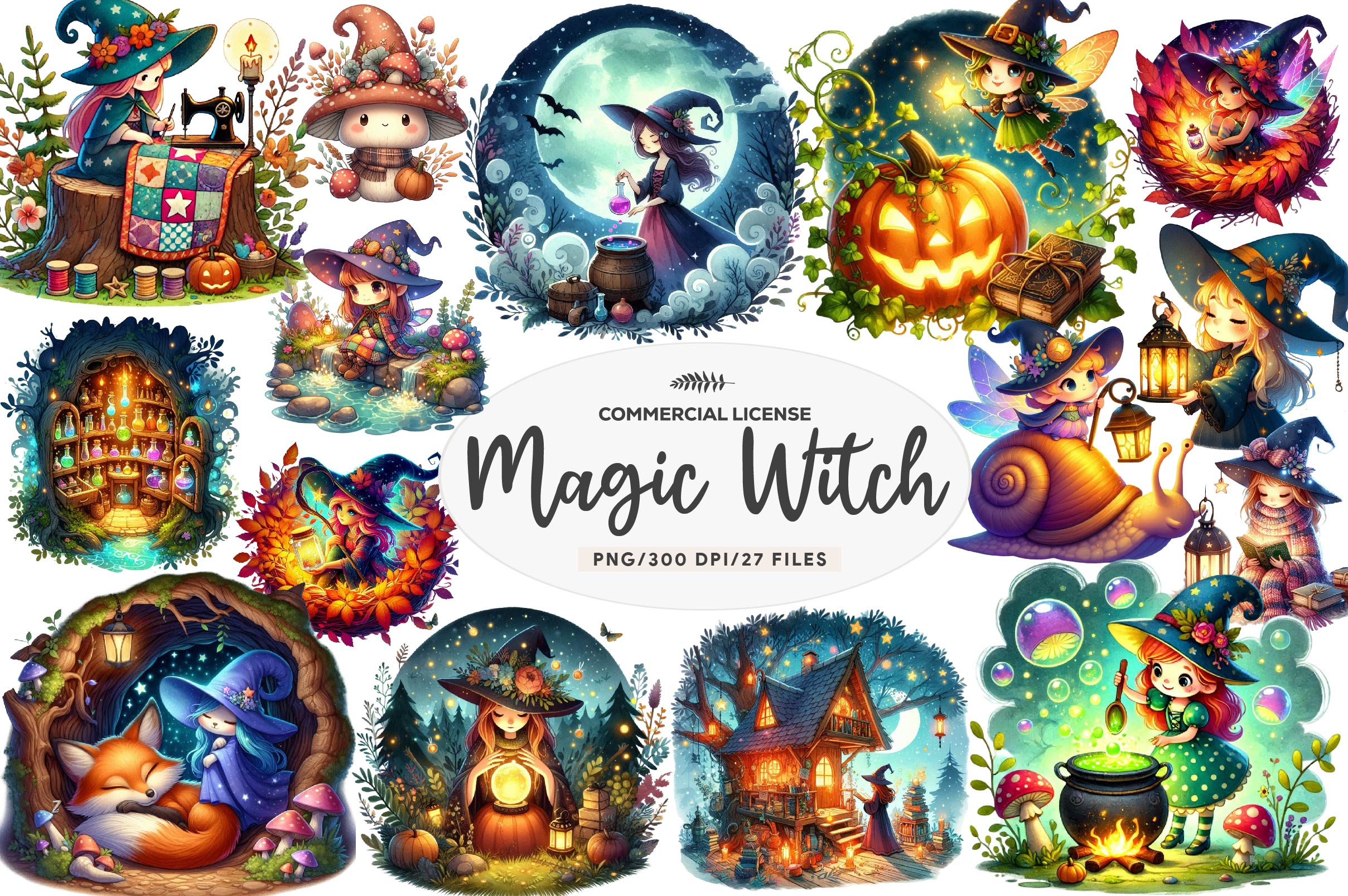 Cozy Magic Fairy Forest Witch Clipart Bundle