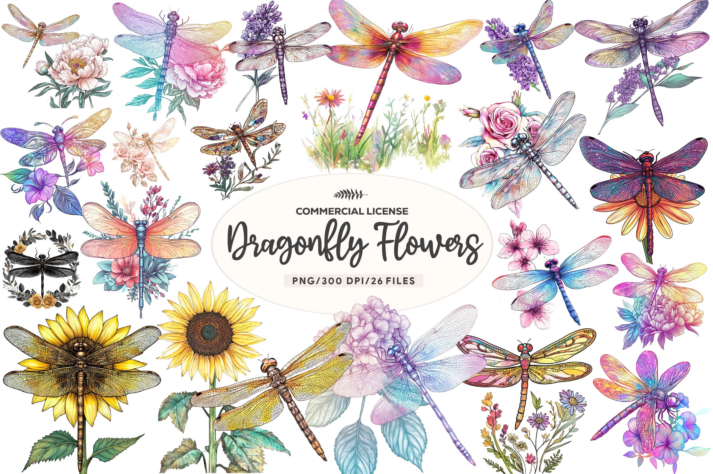 Dragonfly And Flowers Clipart Bundle