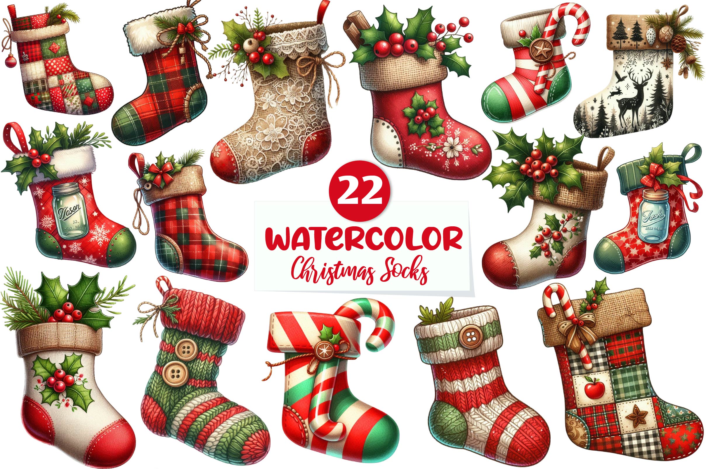 Rustic Christmas Stocking Socks Clipart Bundle