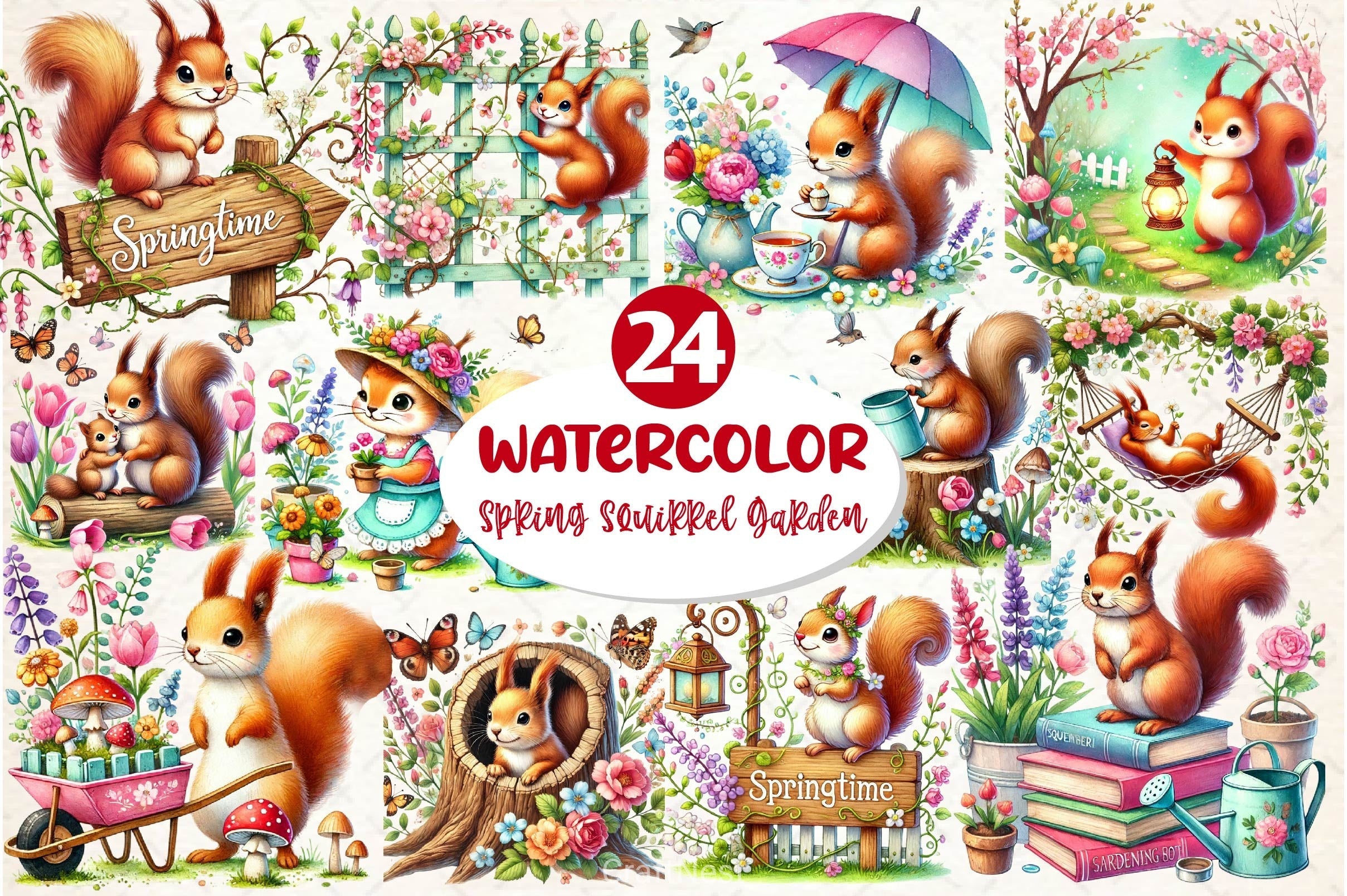 Spring Squirrel Garden Clipart Bundle 2