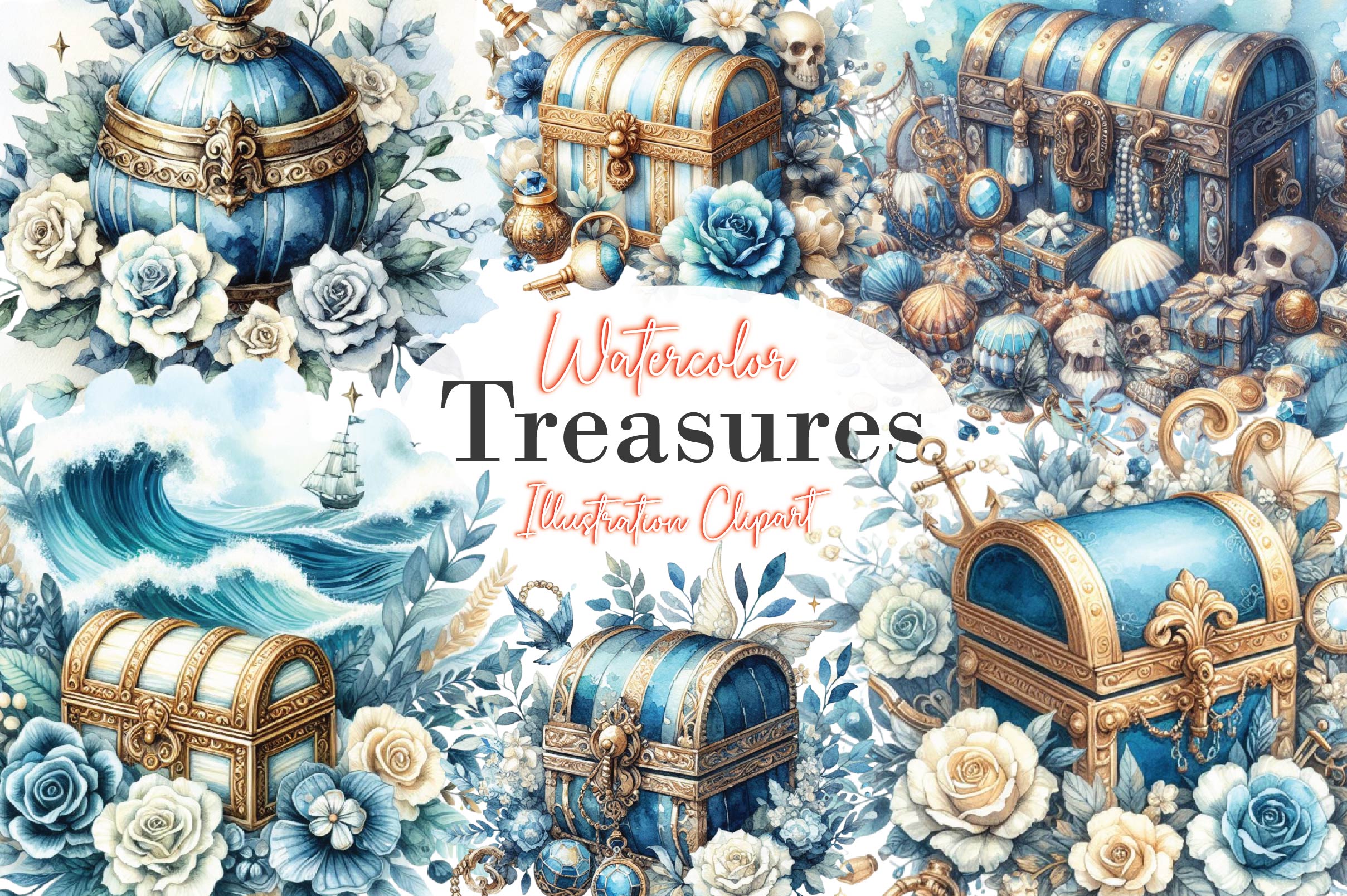 Blue And Ivory Treasures Clipart Bundle