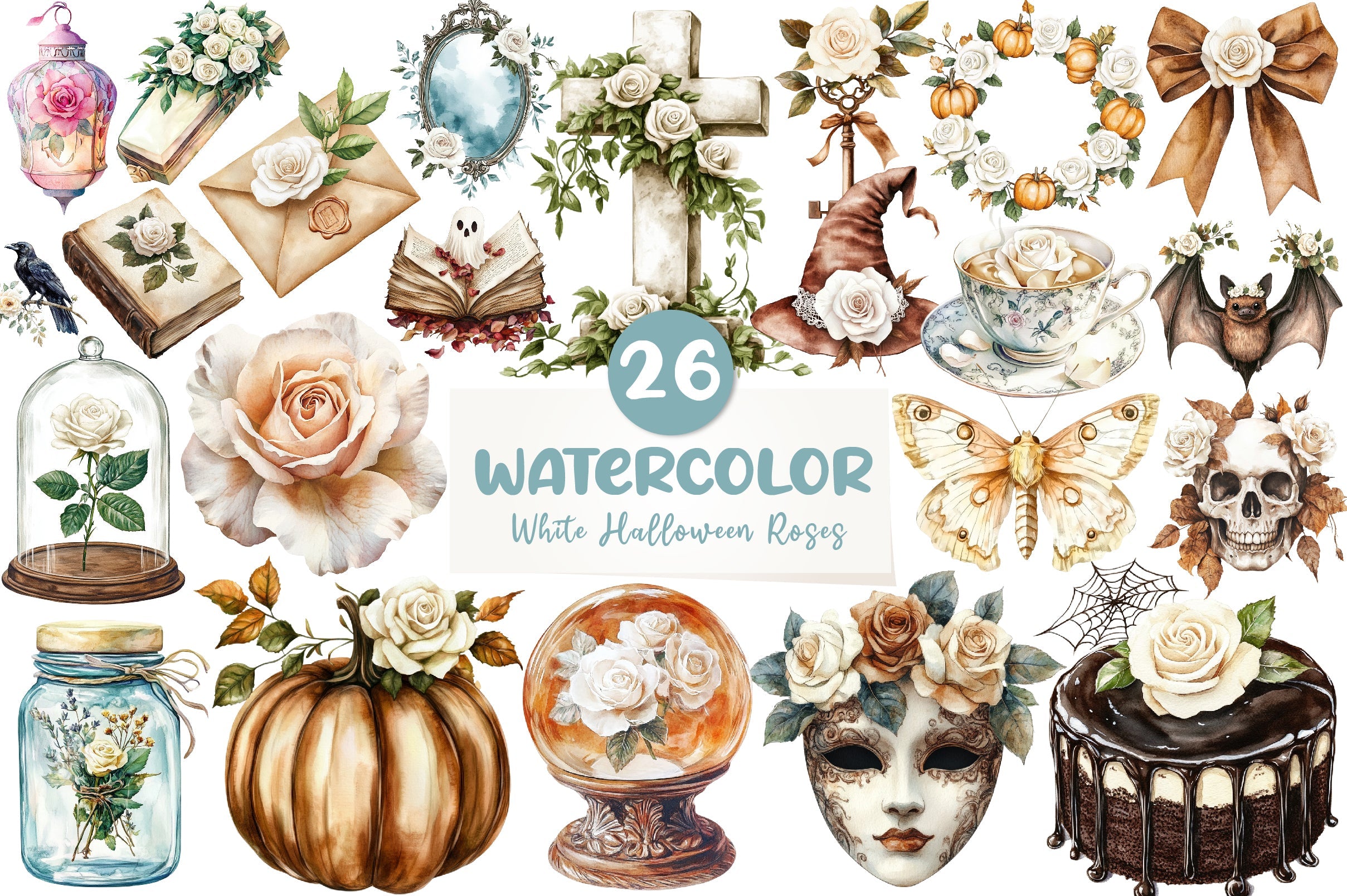 Brown Halloween & White Roses Clipart Bundle