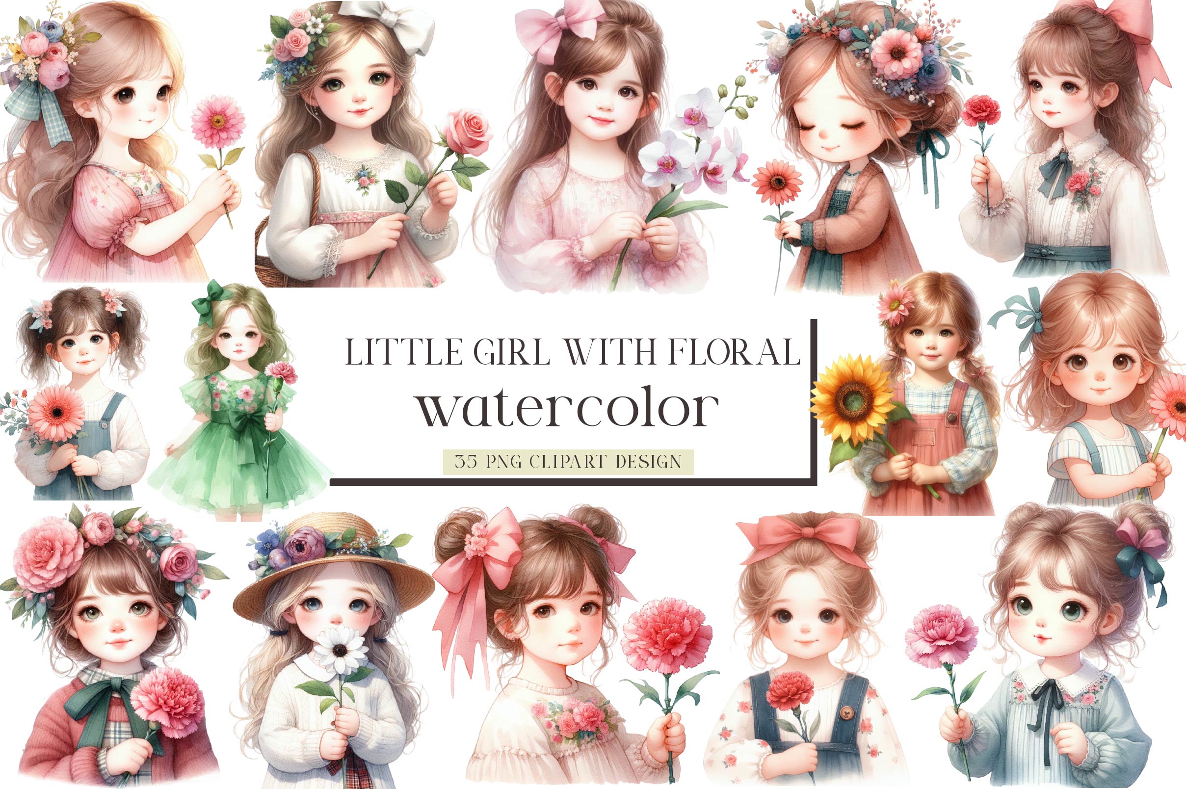 Little Girl With Floral Clipart Bundle