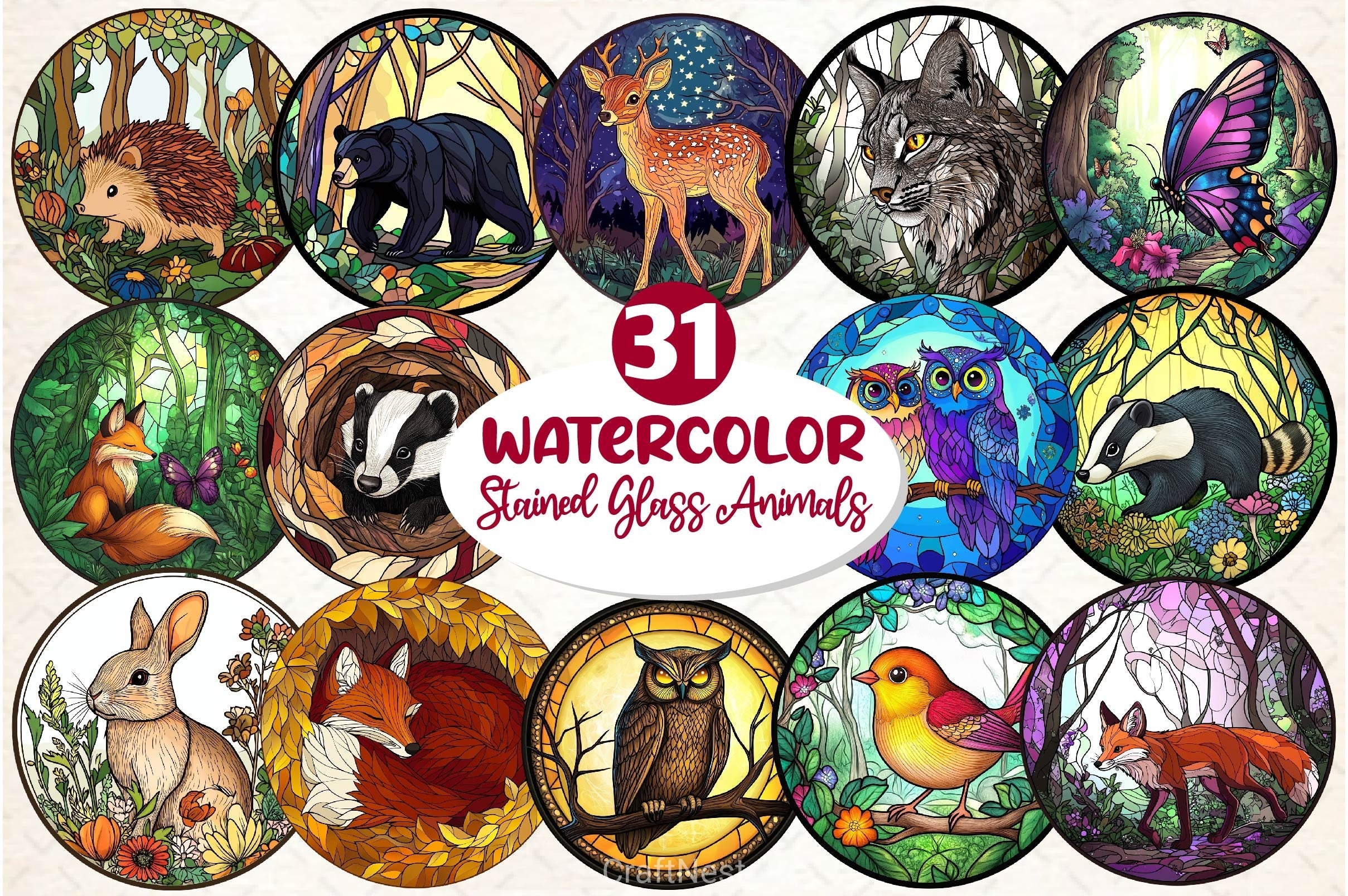 Round Stained Glass Forest Animals Clipart Bundle 2