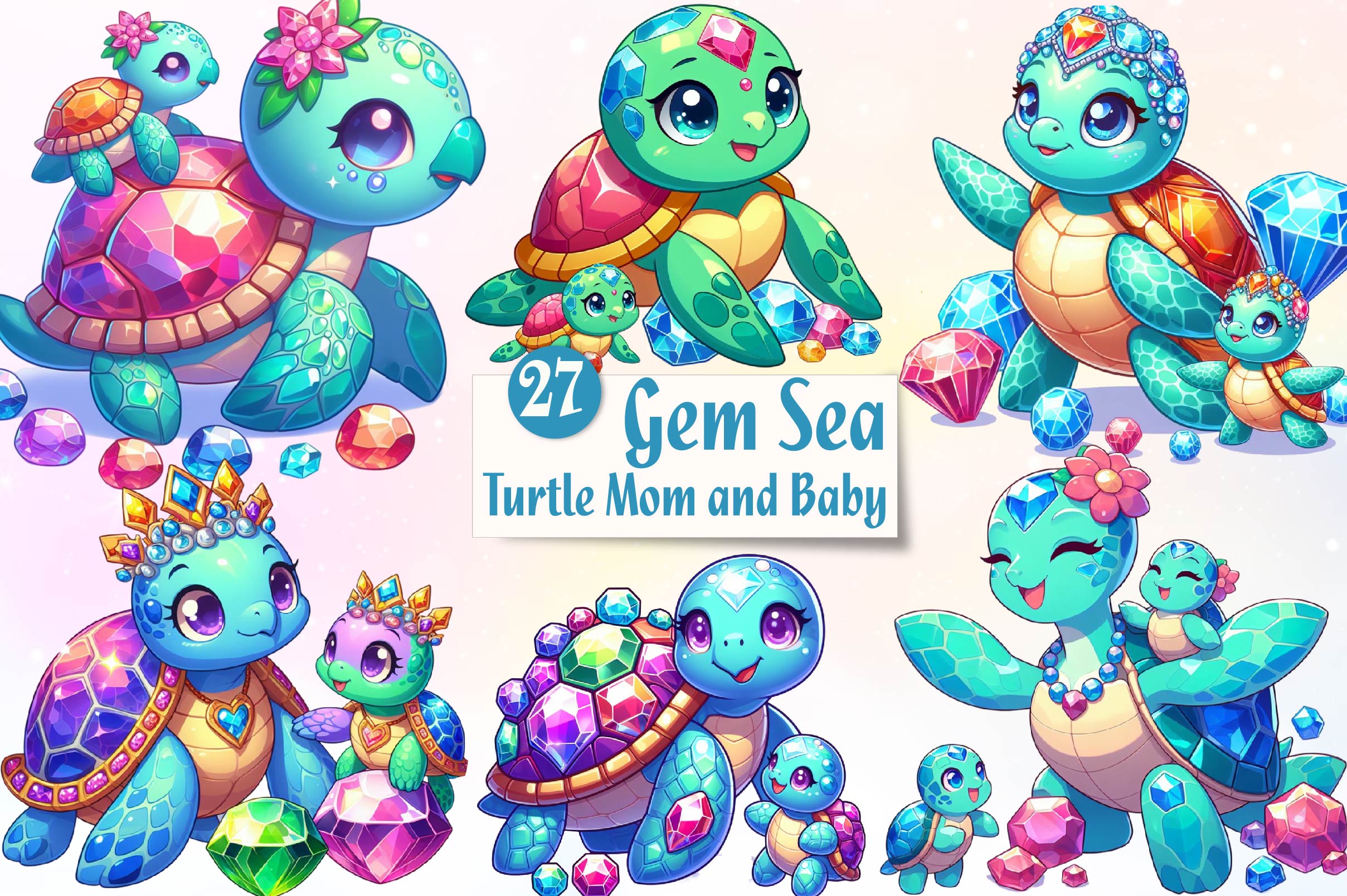 Gem Sea Turtle Mom And Baby Clipart Bundle