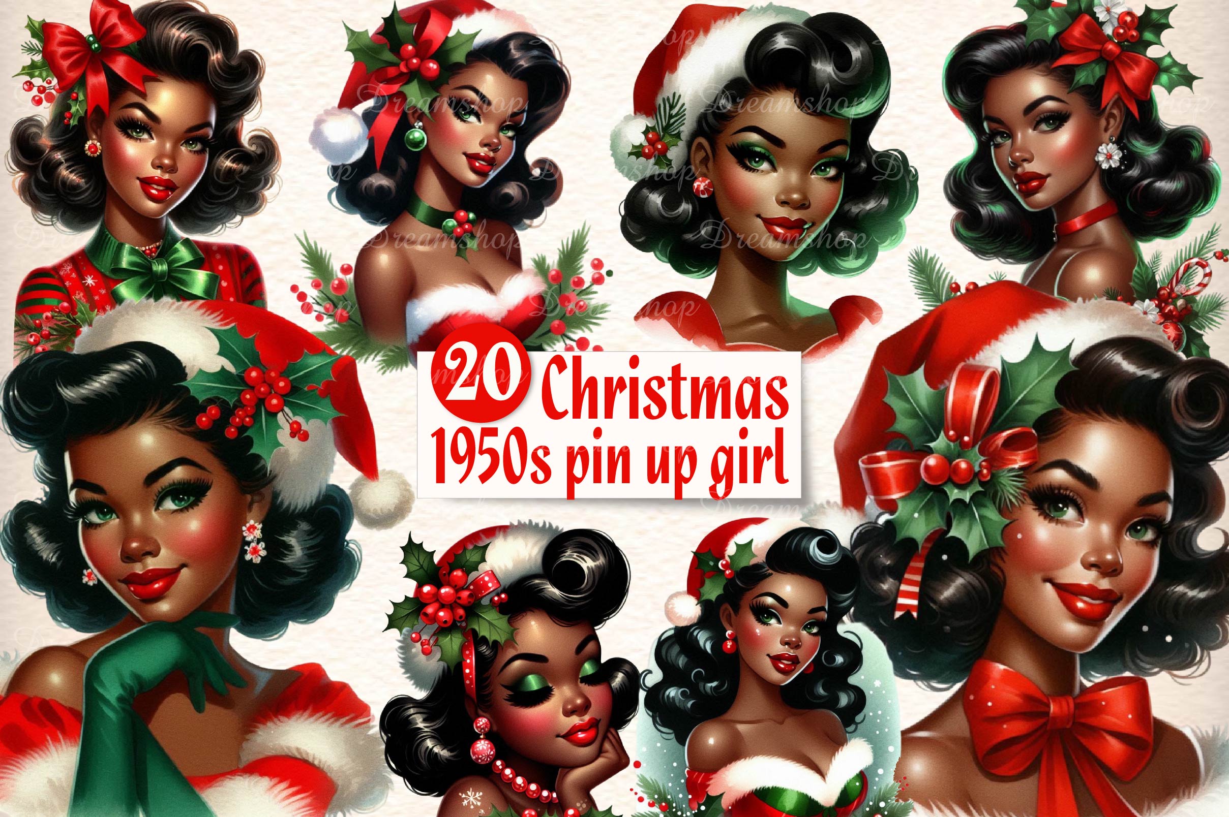 1950s Vintage Christmas Pin Up Girl Clipart Bundle