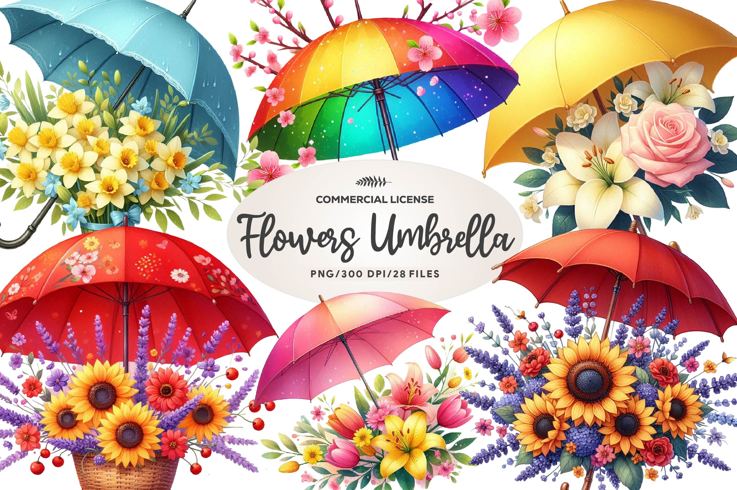 Spring Flowers Umbrella Clipart Bundle 2