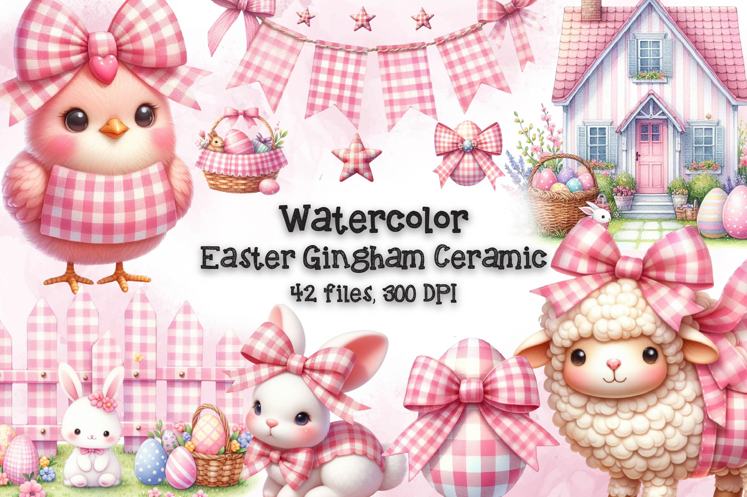 Pink Easter Gingham Ceramic Clipart Bundle