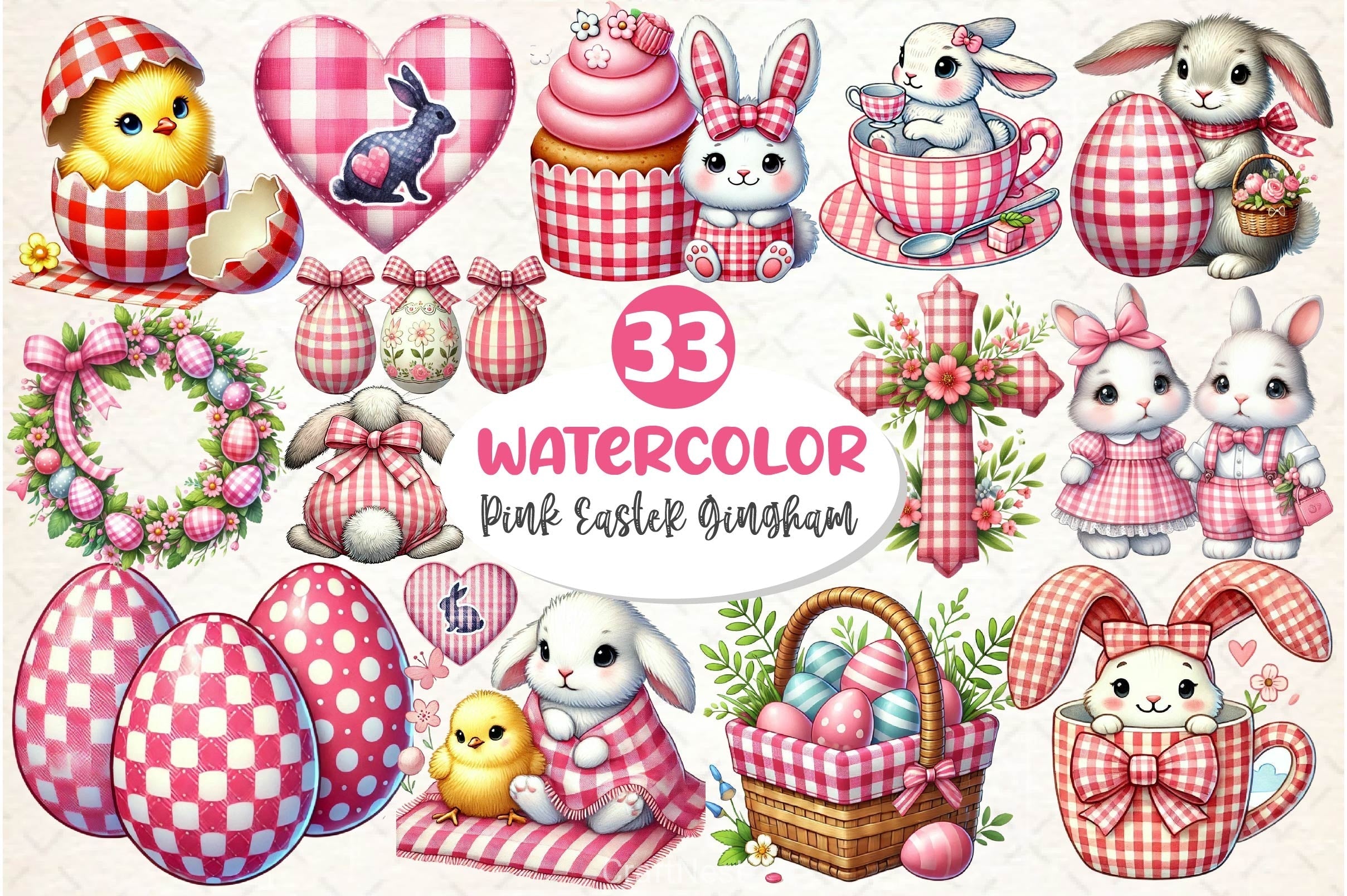 Pink Easter Gingham Ceramic Clipart Bundle 2