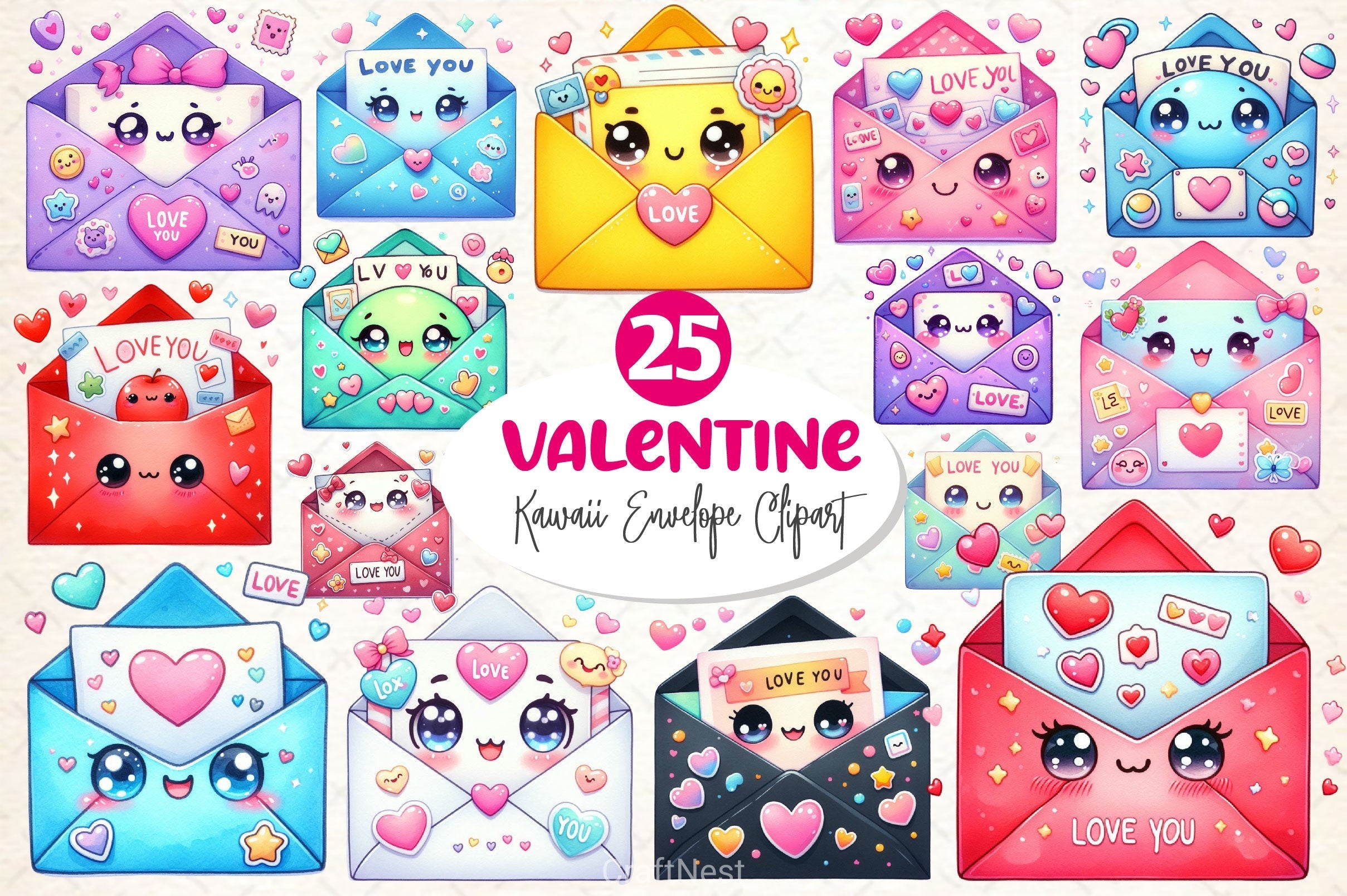 Kawaii Valentine Envelope Clipart Bundle 2