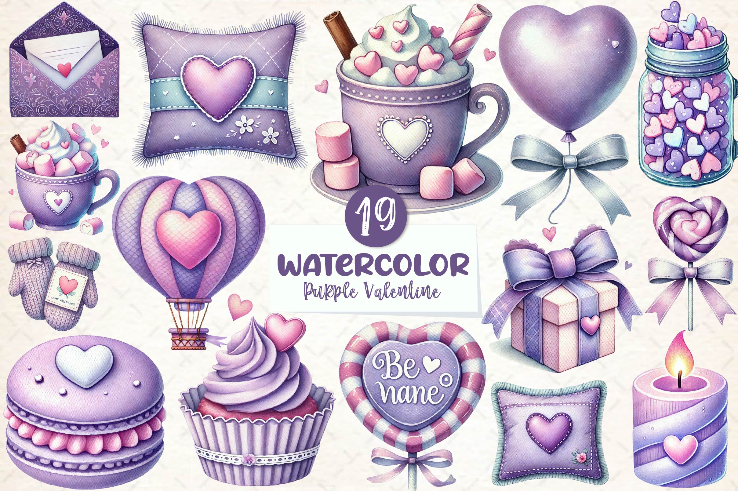 Pastel Purple Valentine's Clipart Bundle