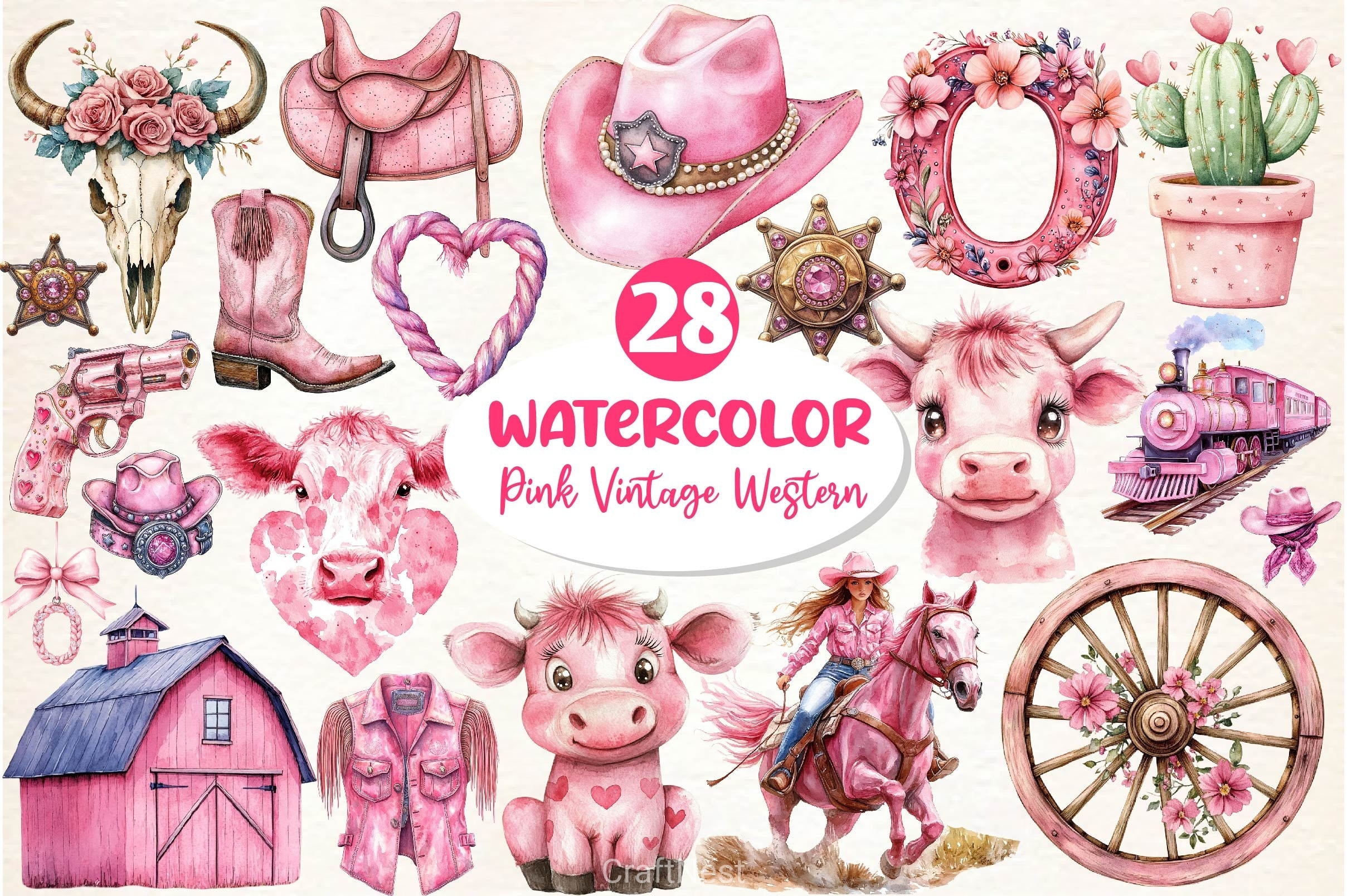 Pink Vintage Western Clipart Bundle