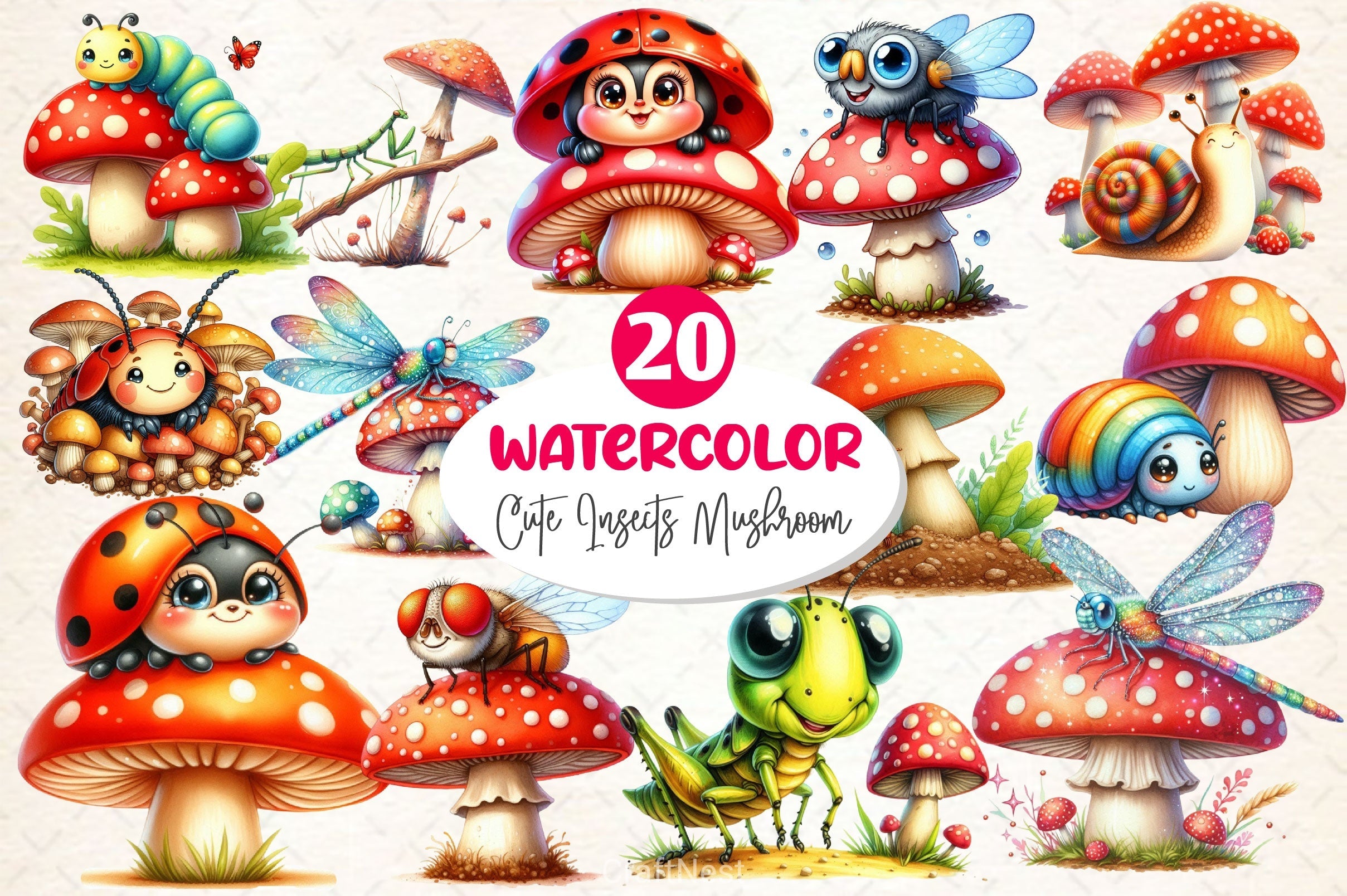 Cute Insects Mushroom Clipart Bundle 2