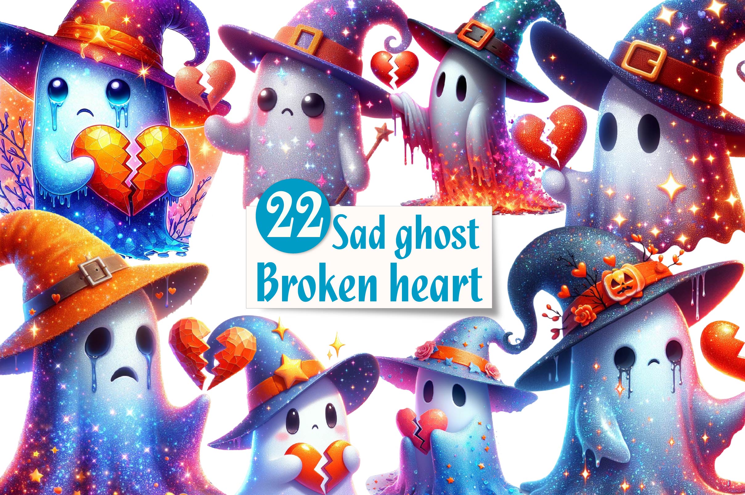 Sad Ghost Broken Heart Clipart Bundle
