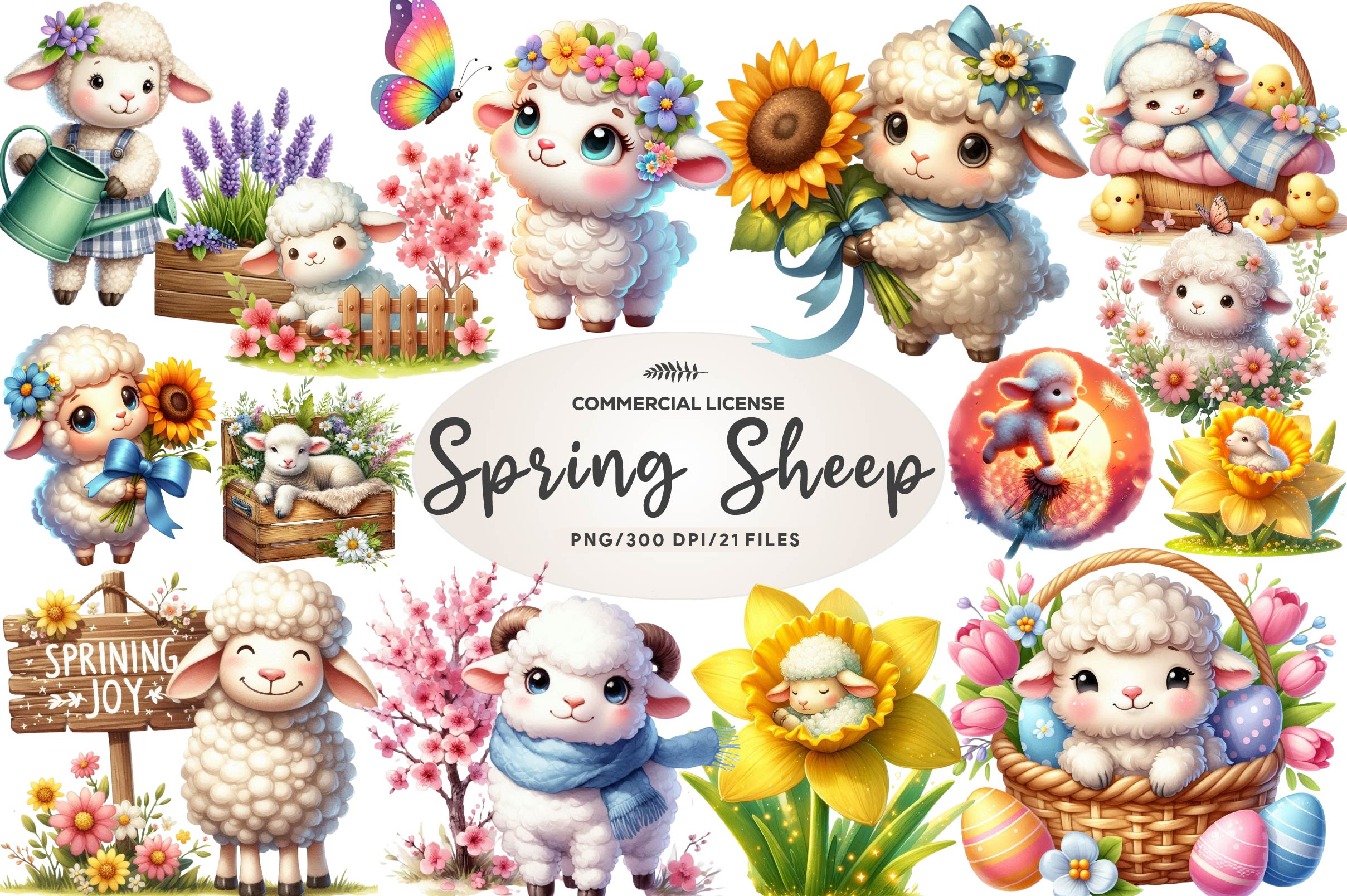 Cute Spring Sheep Clipart Bundle