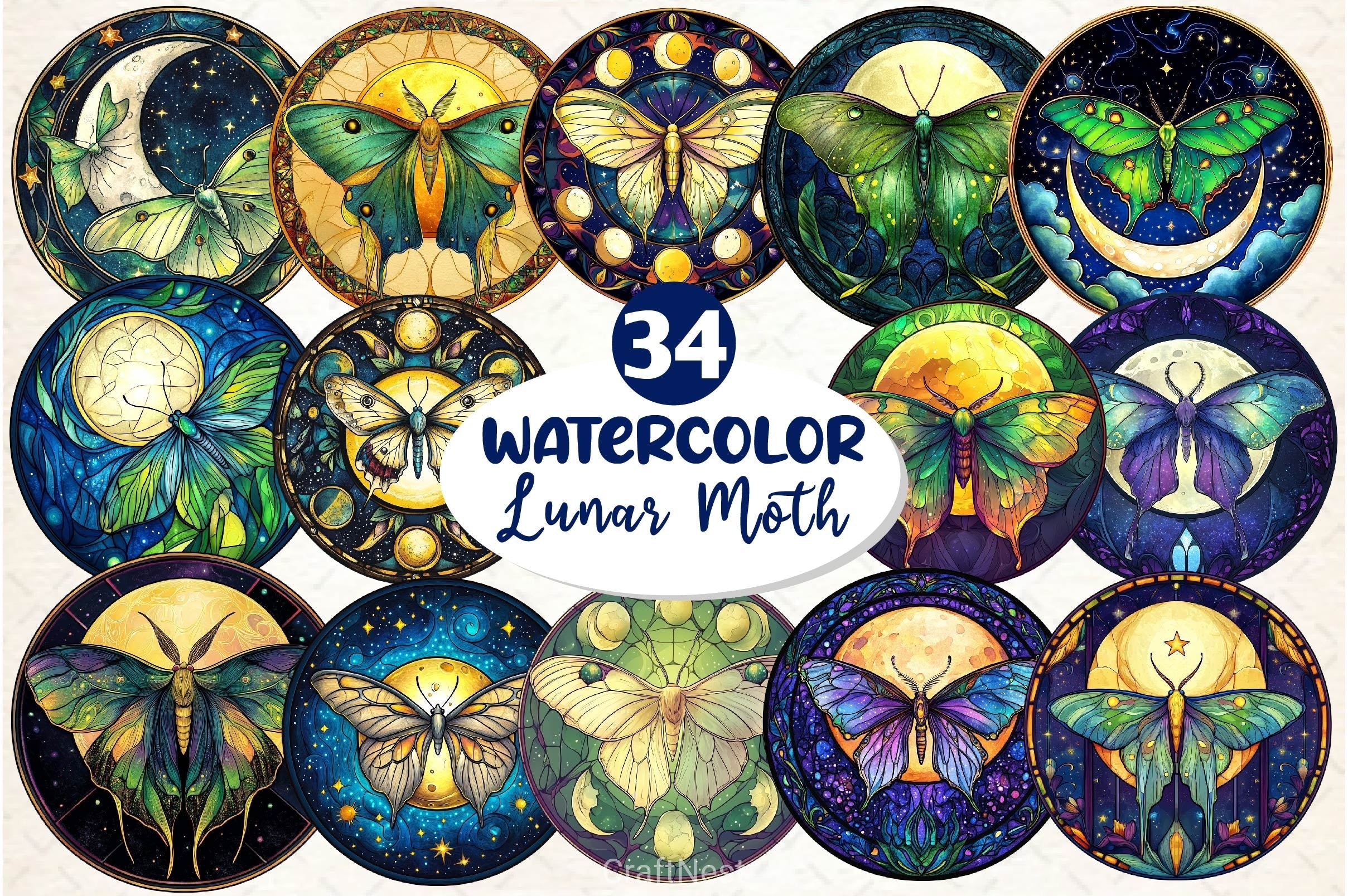 Lunar Moth And Moon Round Stained Glass Clipart Bundle 2