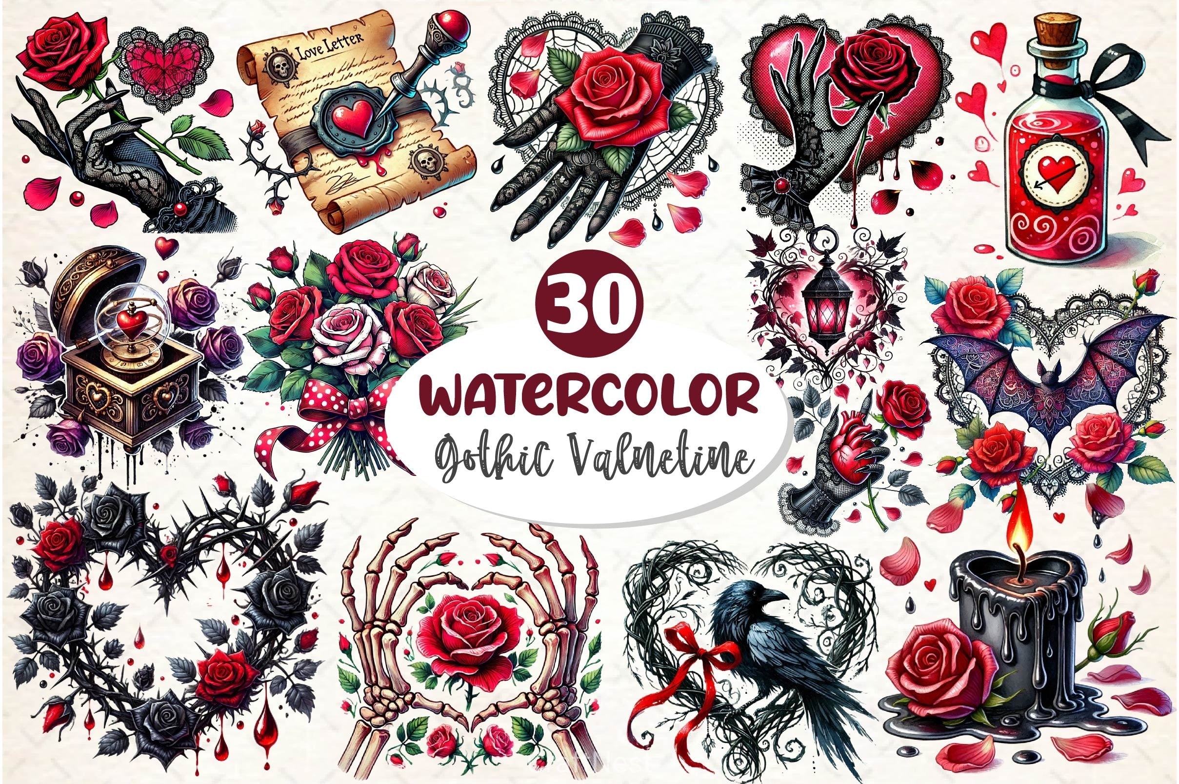 Love Gothic Valentines Day Clipart Bundle