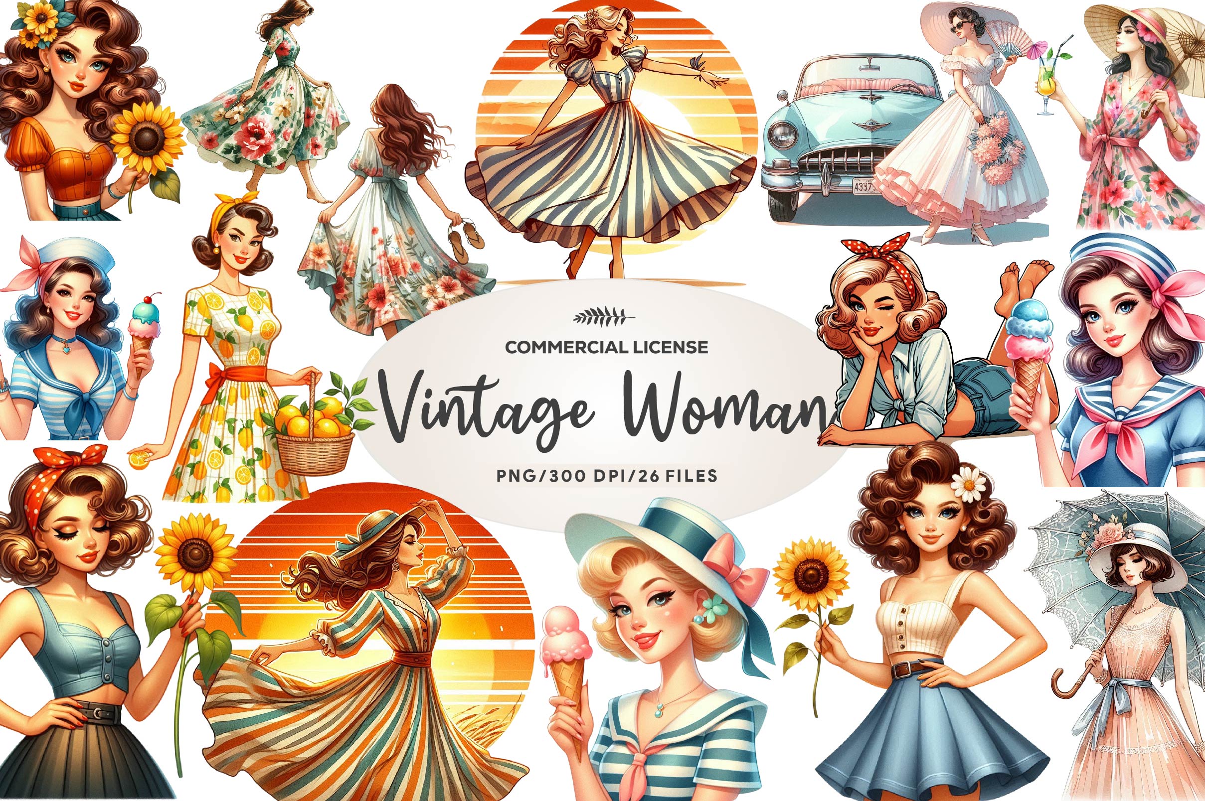 Summer Vintage Woman Clipart Bundle