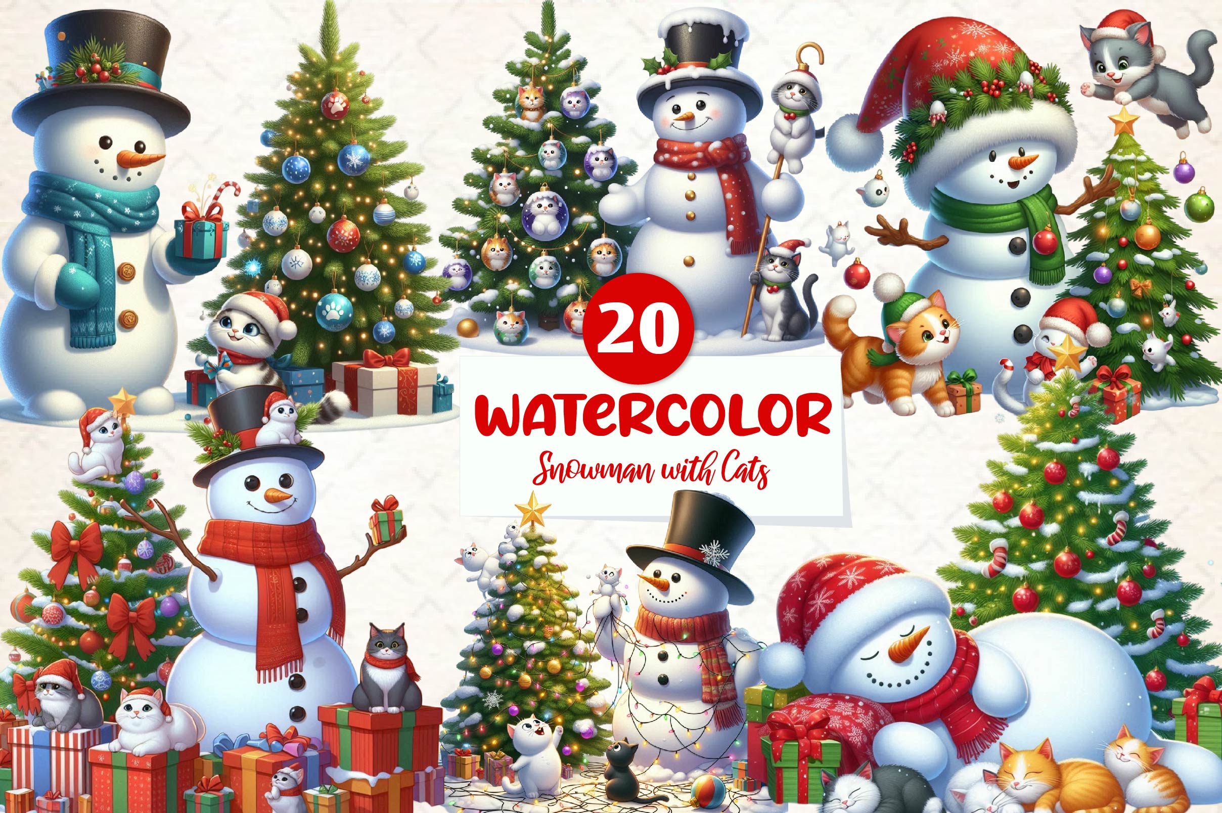 Christmas Snowman With Cats Clipart Bundle