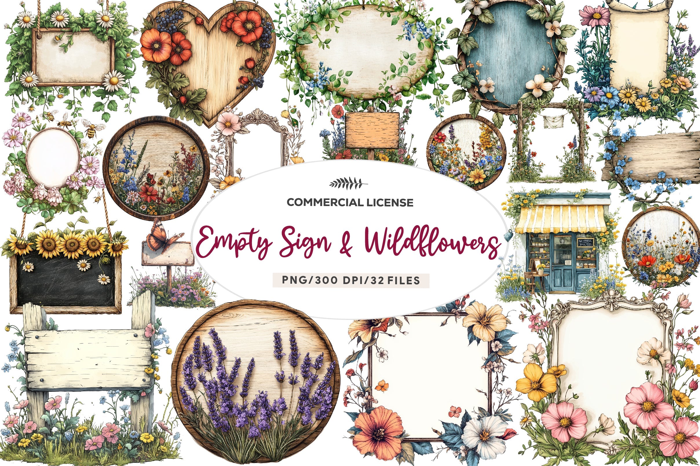 Summer Empty Sign & Wildflowers Clipart Bundle