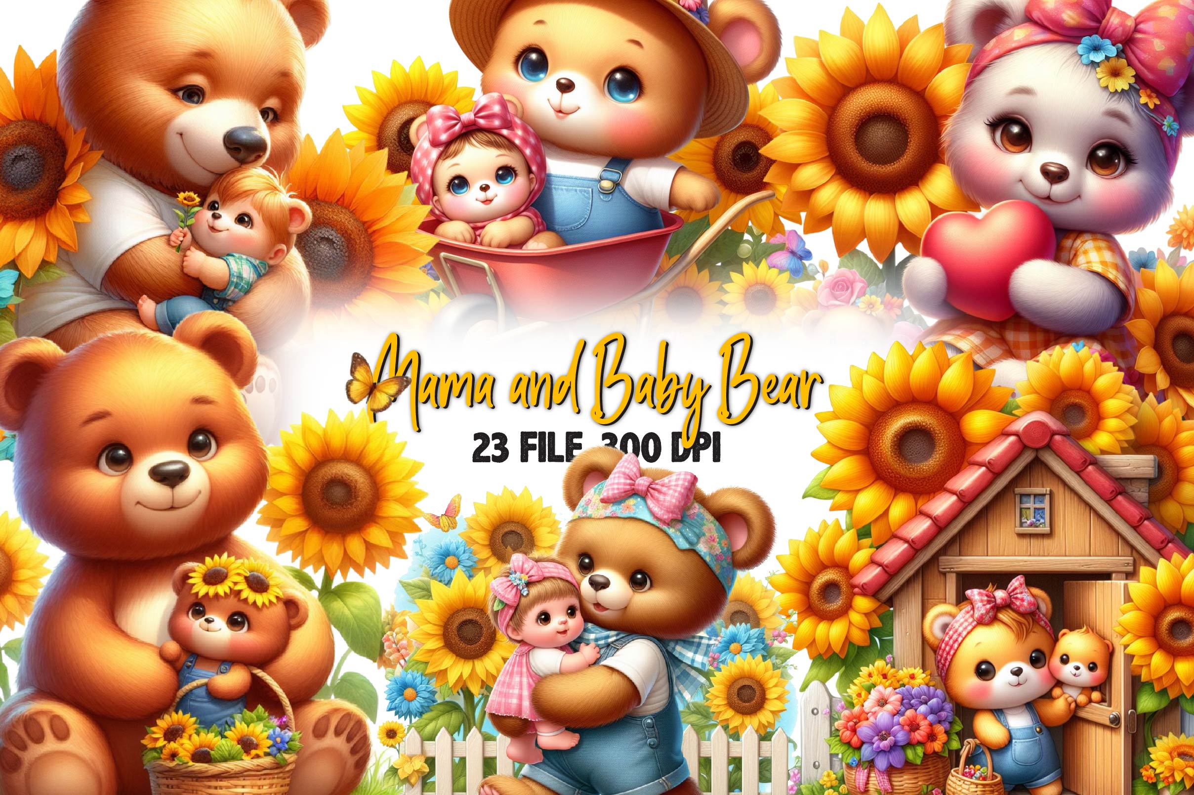 Sunflower Mama And Baby Bear Clipart Bundle