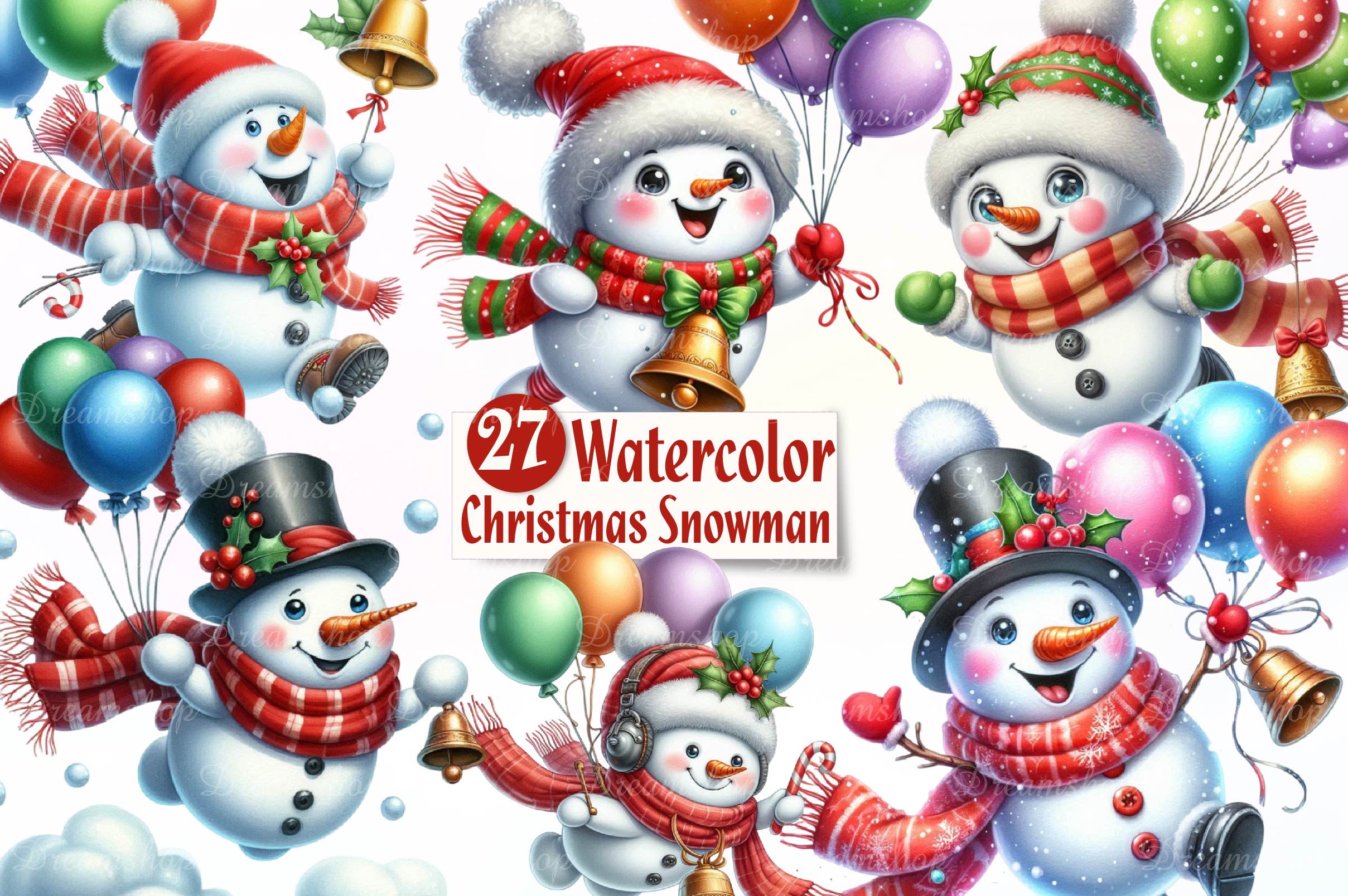 Christmas Balloon Snowman Clipart Bundle