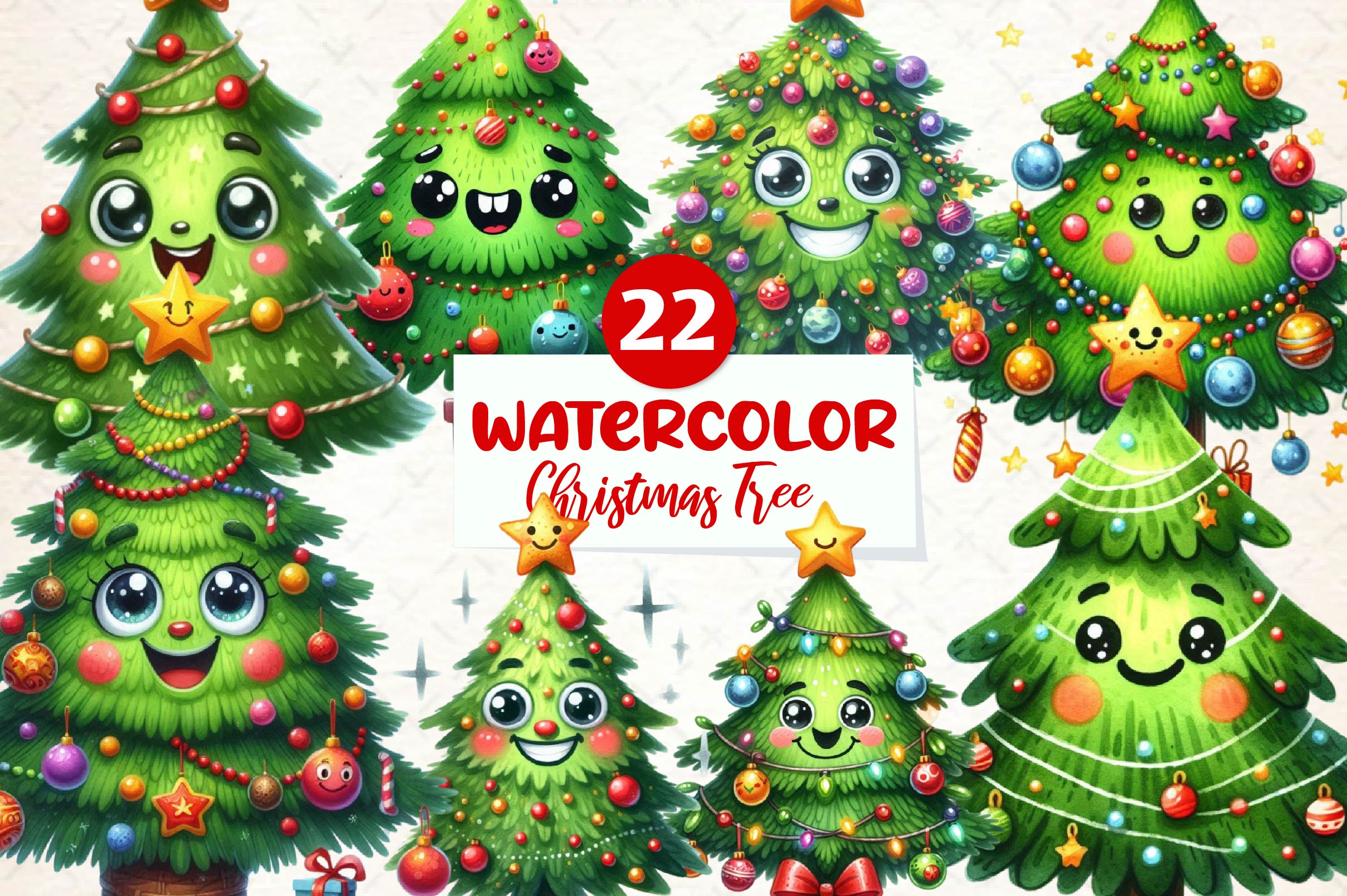 Smiling Christmas Tree Clipart Bundle
