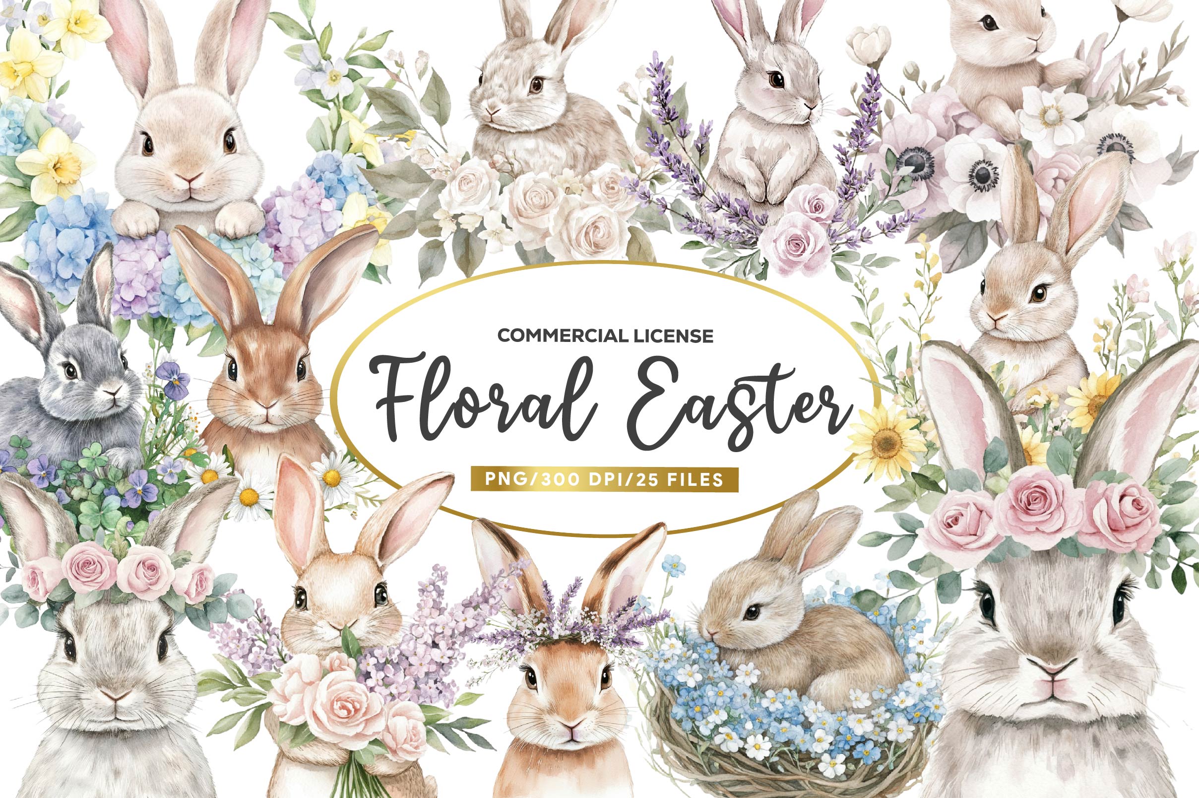 Floral Easter Bunny Clipart Bundle